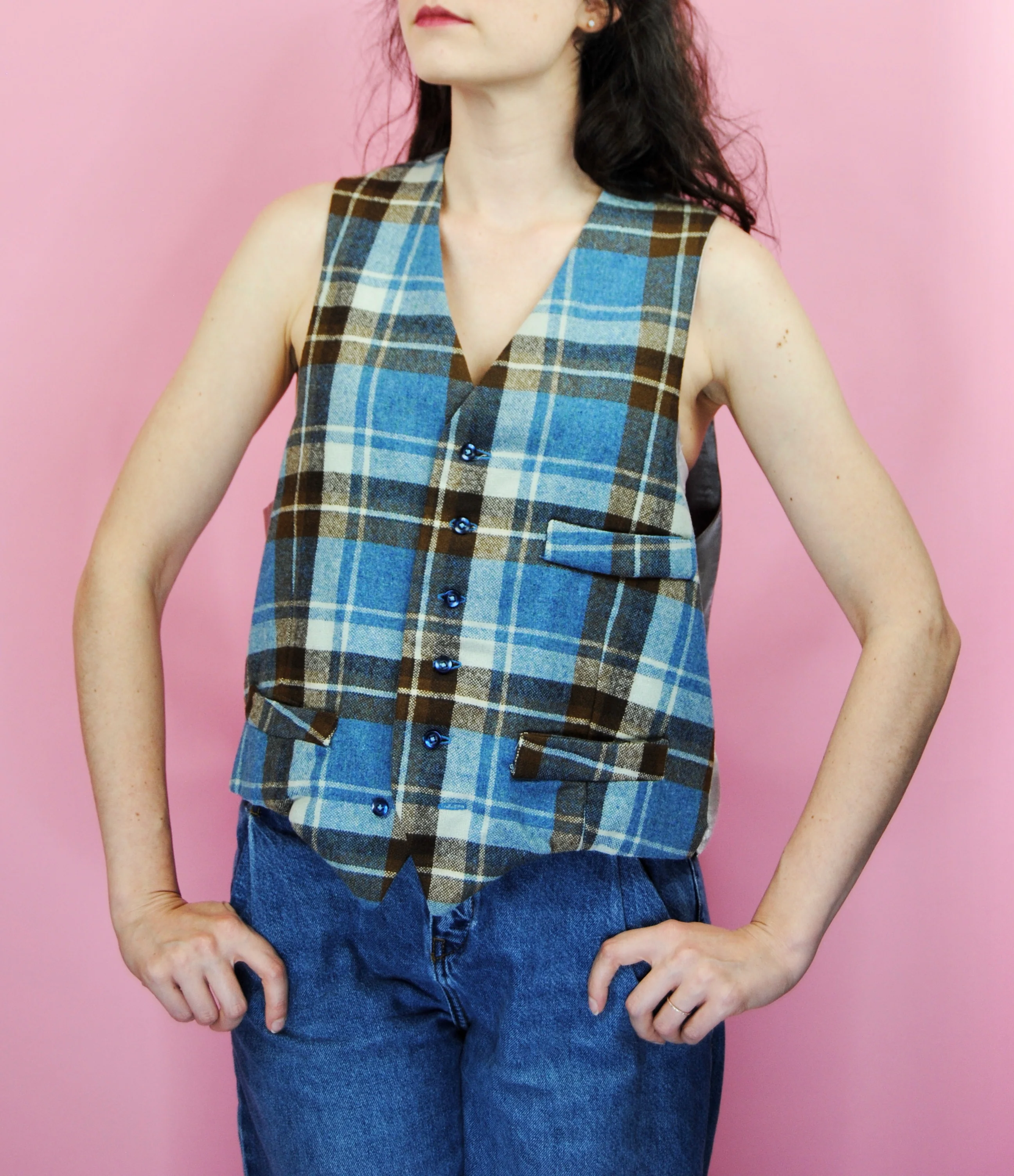 40s Blue And Brown Plaid Wool And Silk Vest - Image 6