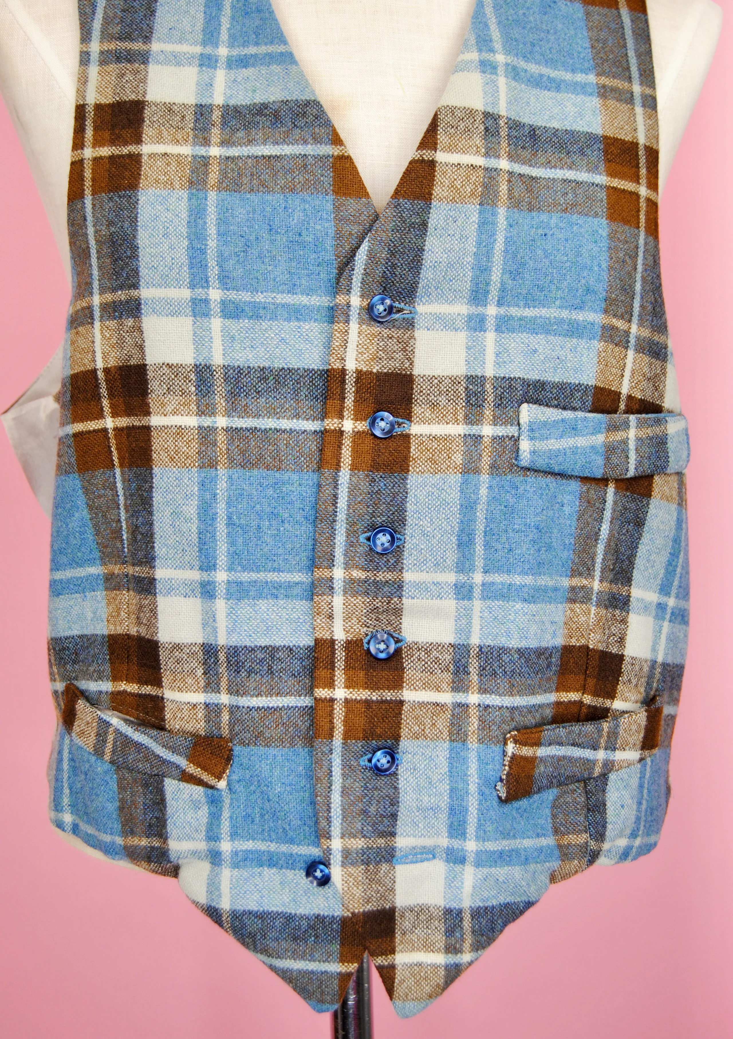 40s Blue And Brown Plaid Wool And Silk Vest - Image 8