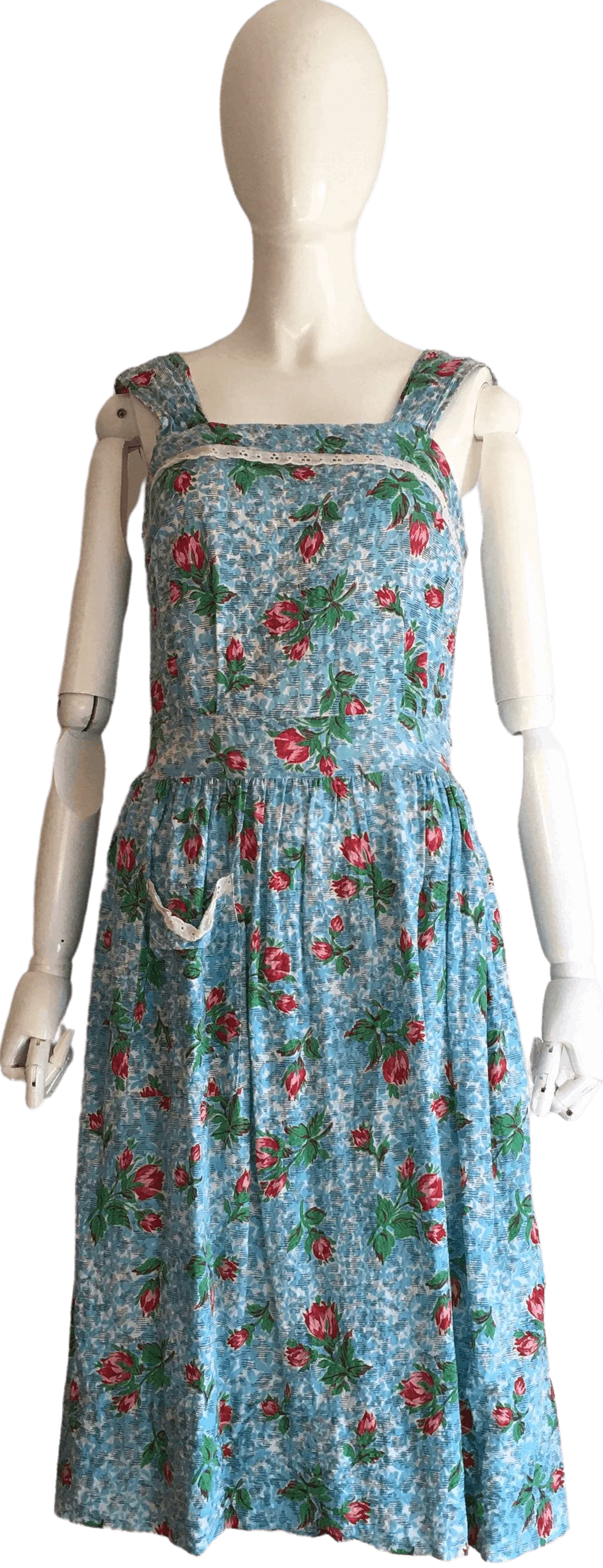 40's Blue Rose Print Cotton Seer Sucker Pinafore Dress
