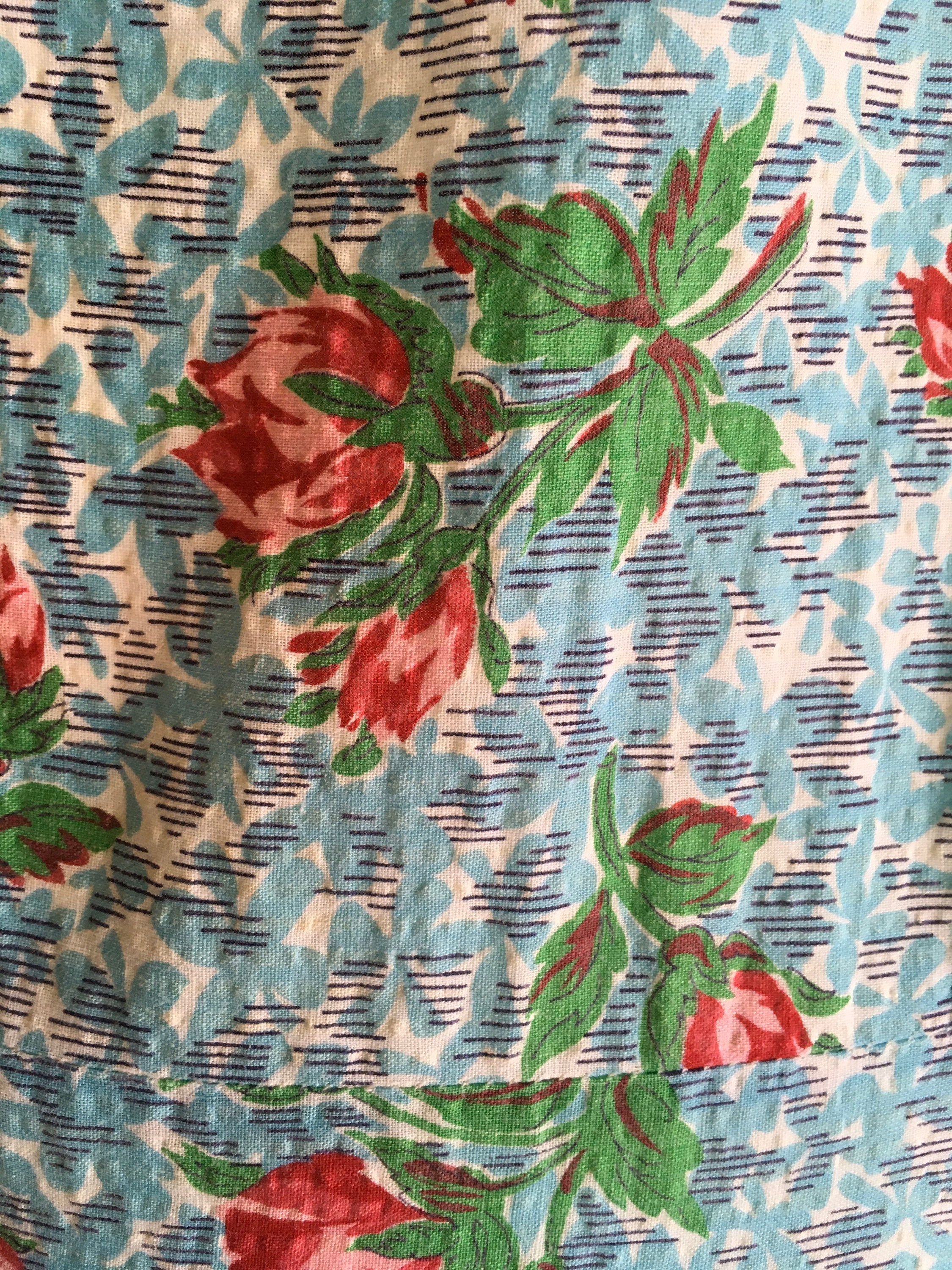 40's Blue Rose Print Cotton Seer Sucker Pinafore Dress - Image 6