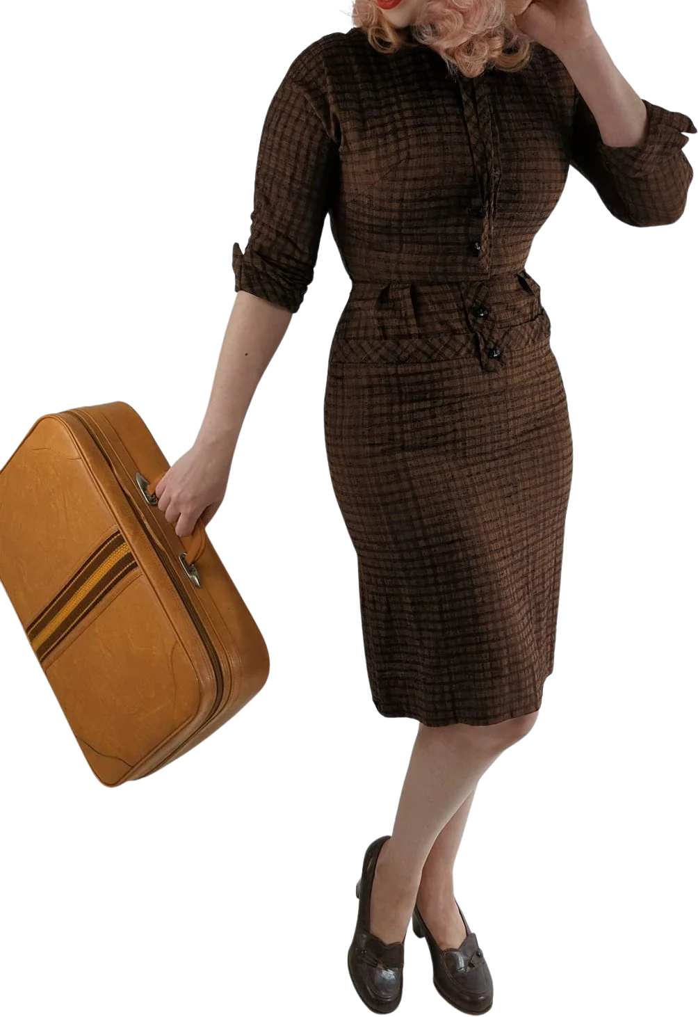 40s Brown and Black Plaid Day Dress Automnal Cotton Dress