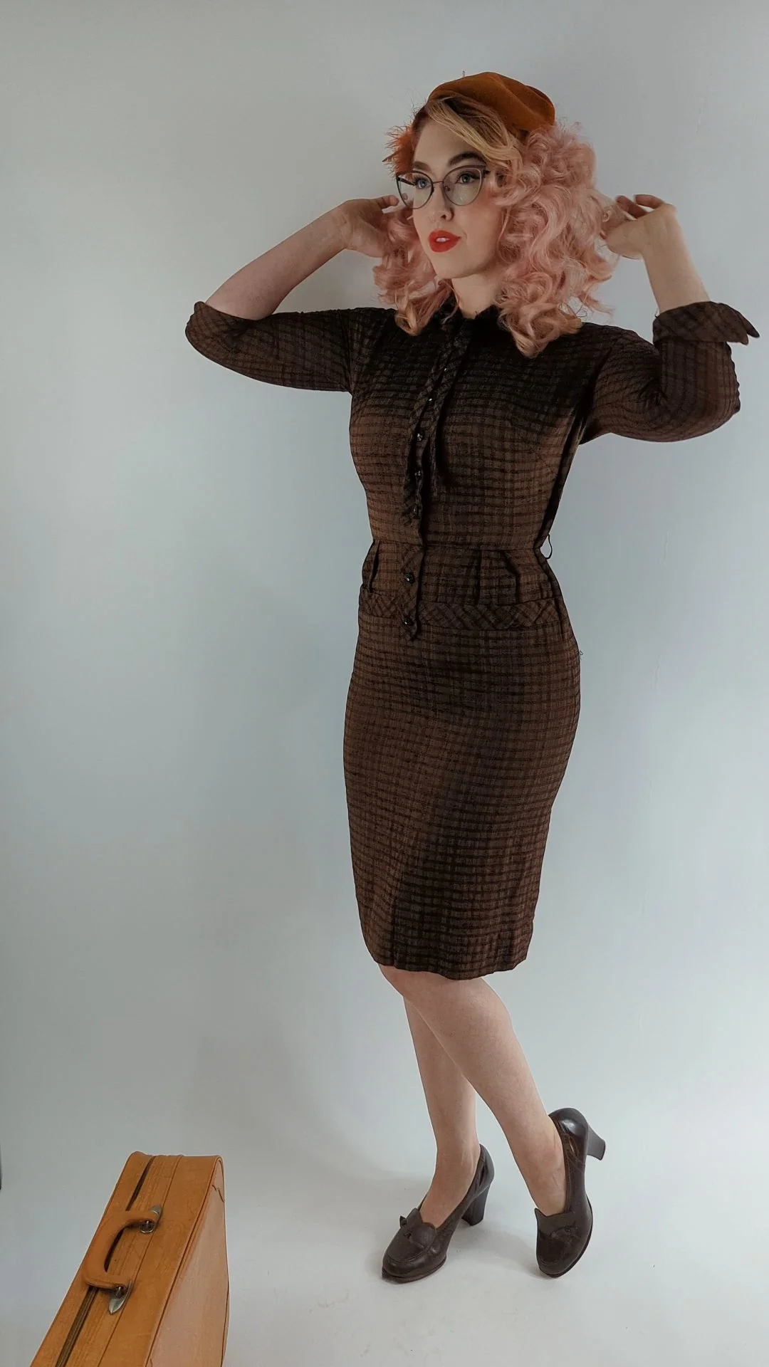 40s Brown and Black Plaid Day Dress Automnal Cotton Dress - Image 3