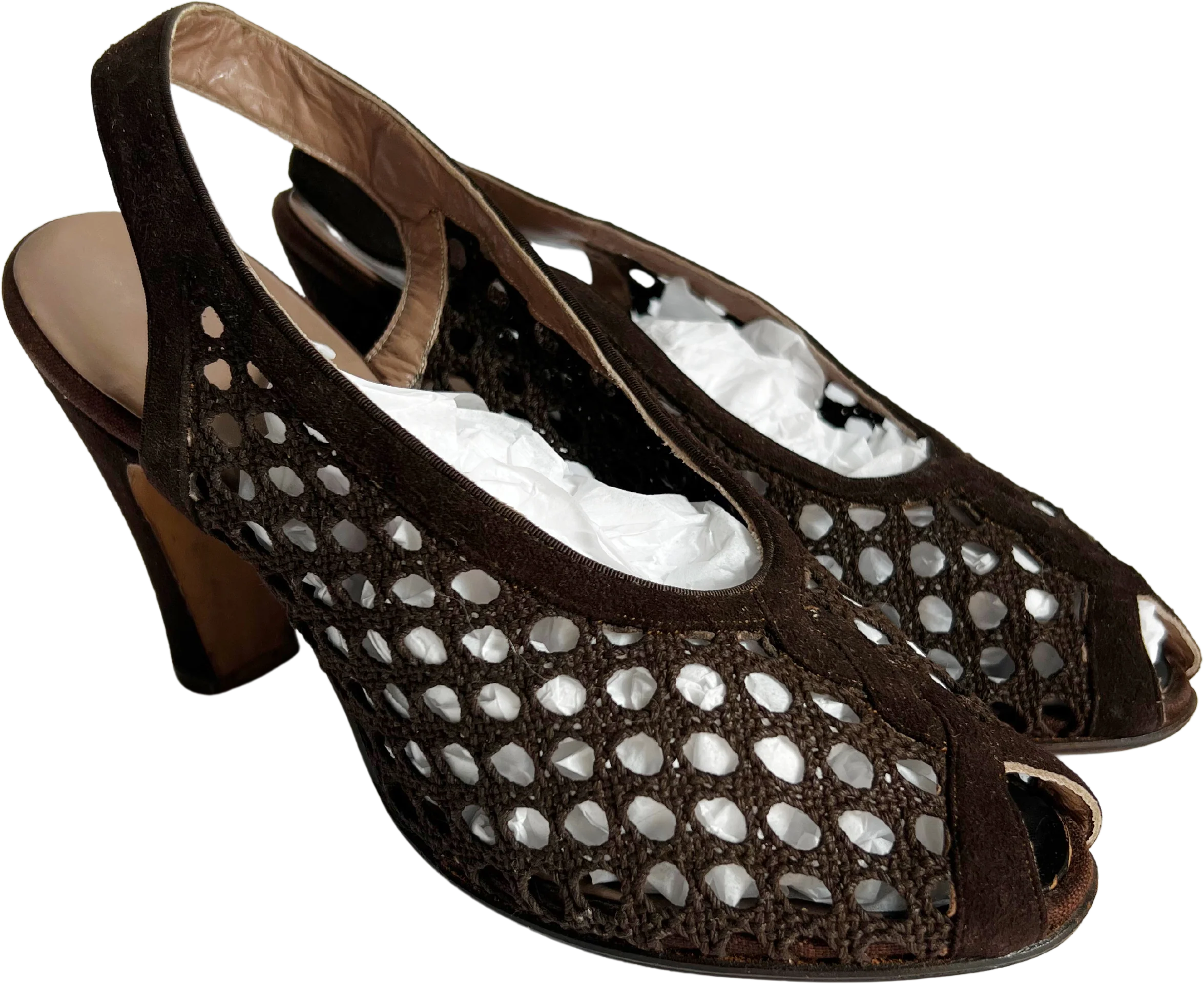 40s Brown Woven Mesh And Suede Peep Toe Pumps By Ansonia De Luxe - Image 2