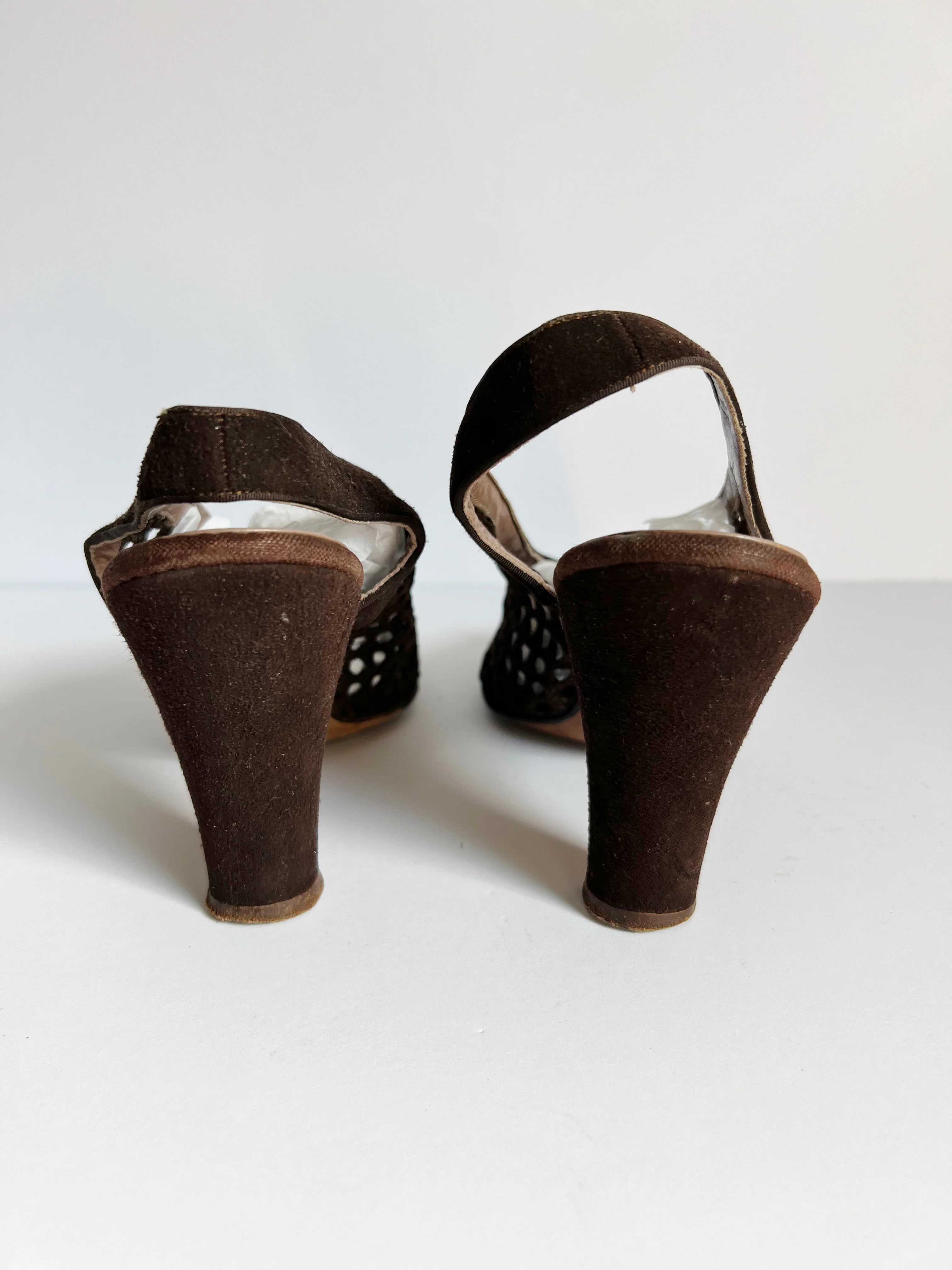 40s Brown Woven Mesh And Suede Peep Toe Pumps By Ansonia De Luxe - Image 4