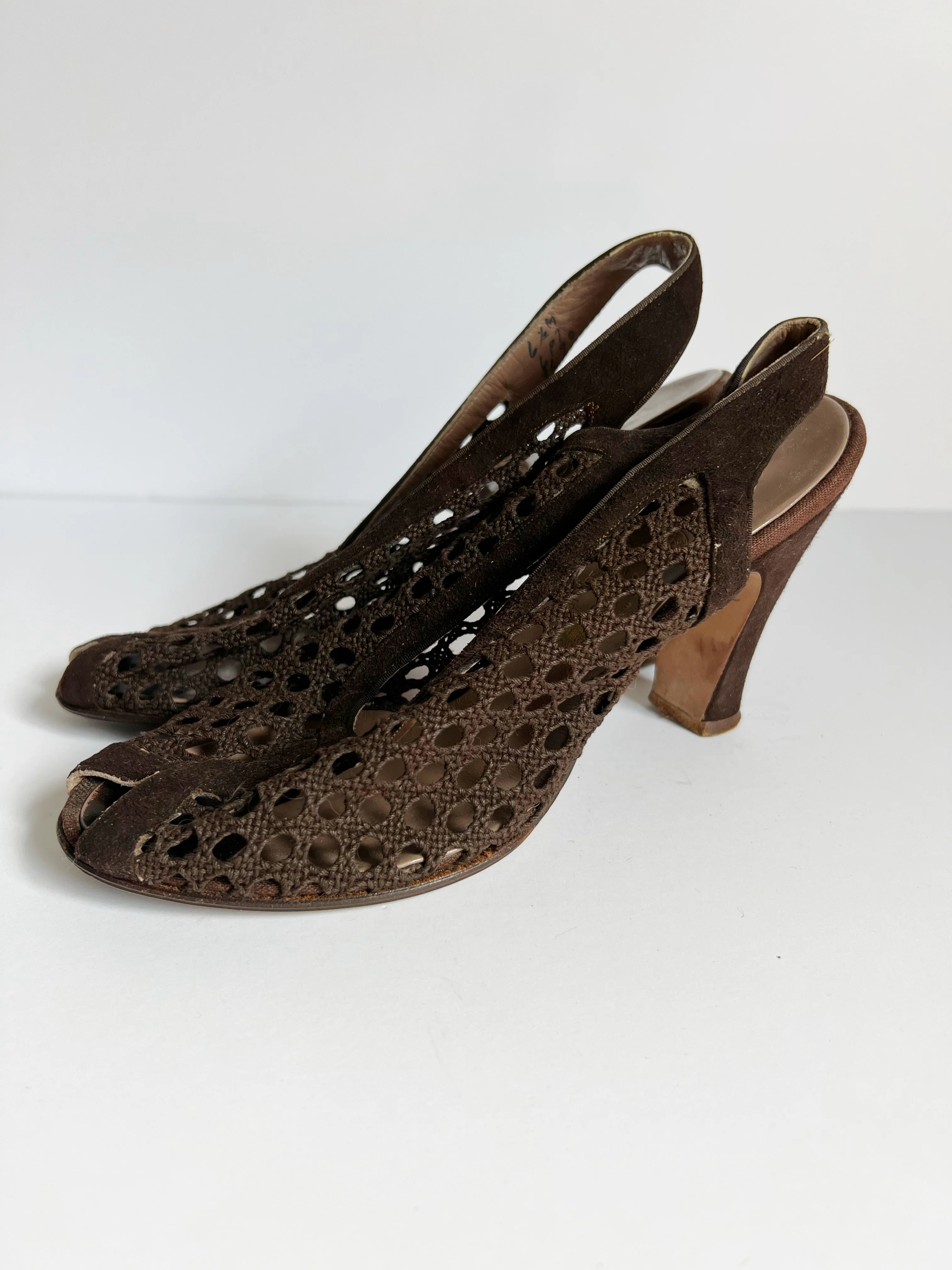 40s Brown Woven Mesh And Suede Peep Toe Pumps By Ansonia De Luxe - Image 5