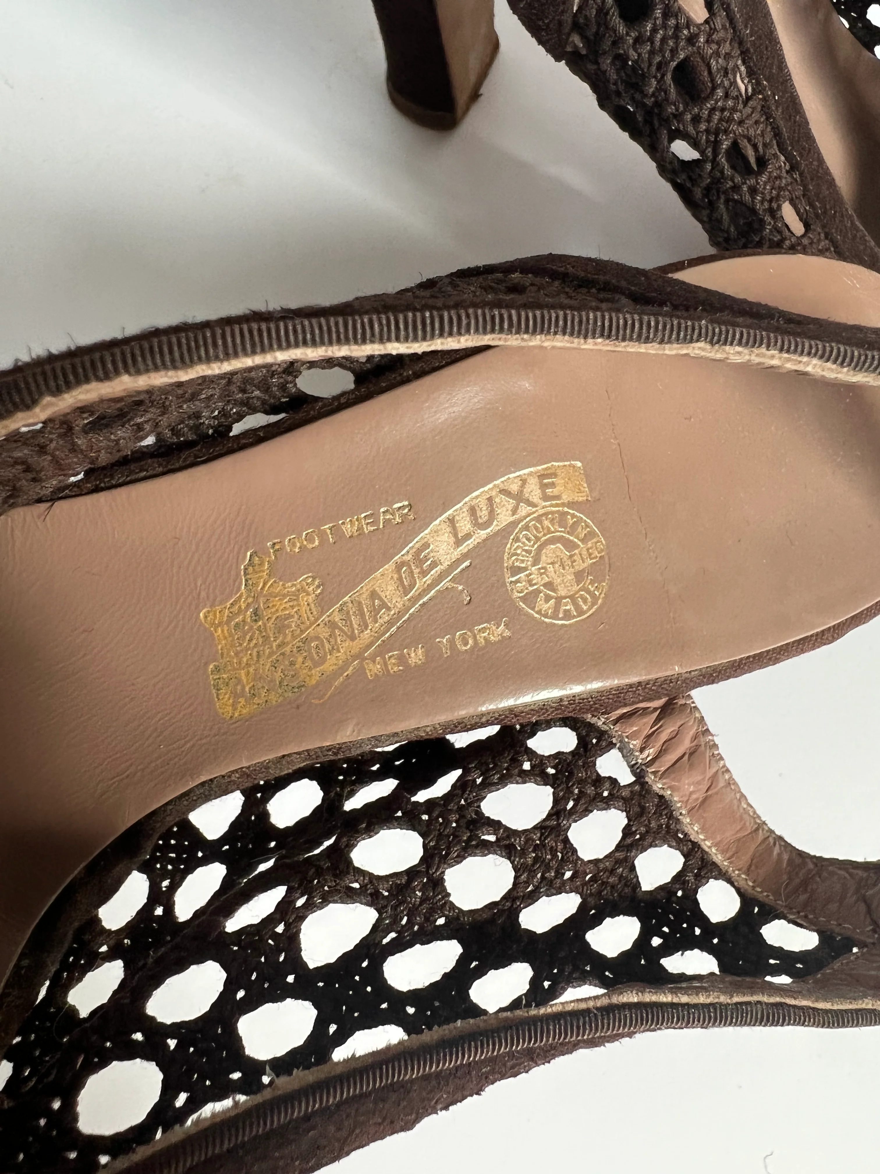 40s Brown Woven Mesh And Suede Peep Toe Pumps By Ansonia De Luxe - Image 6