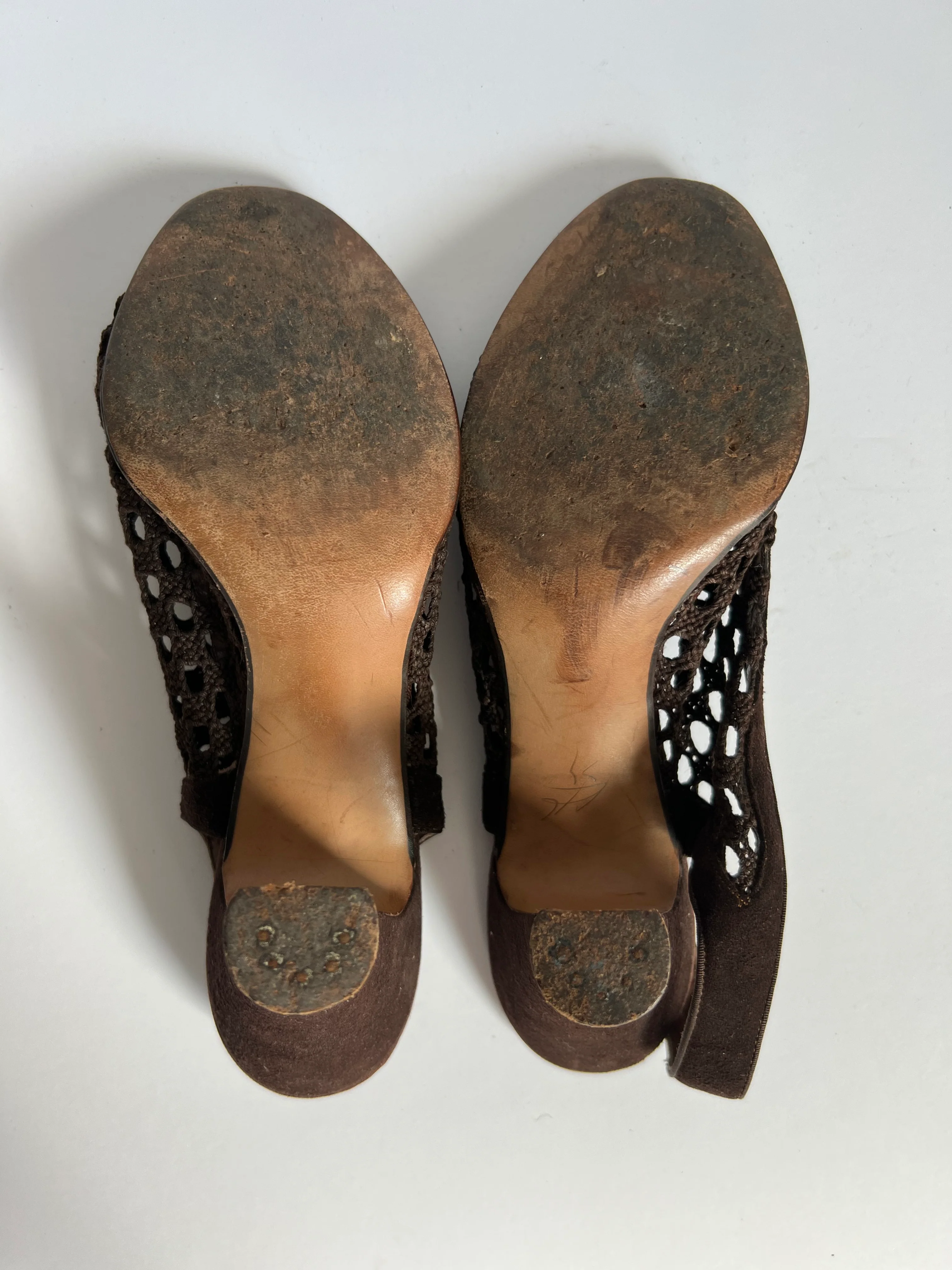40s Brown Woven Mesh And Suede Peep Toe Pumps By Ansonia De Luxe - Image 7