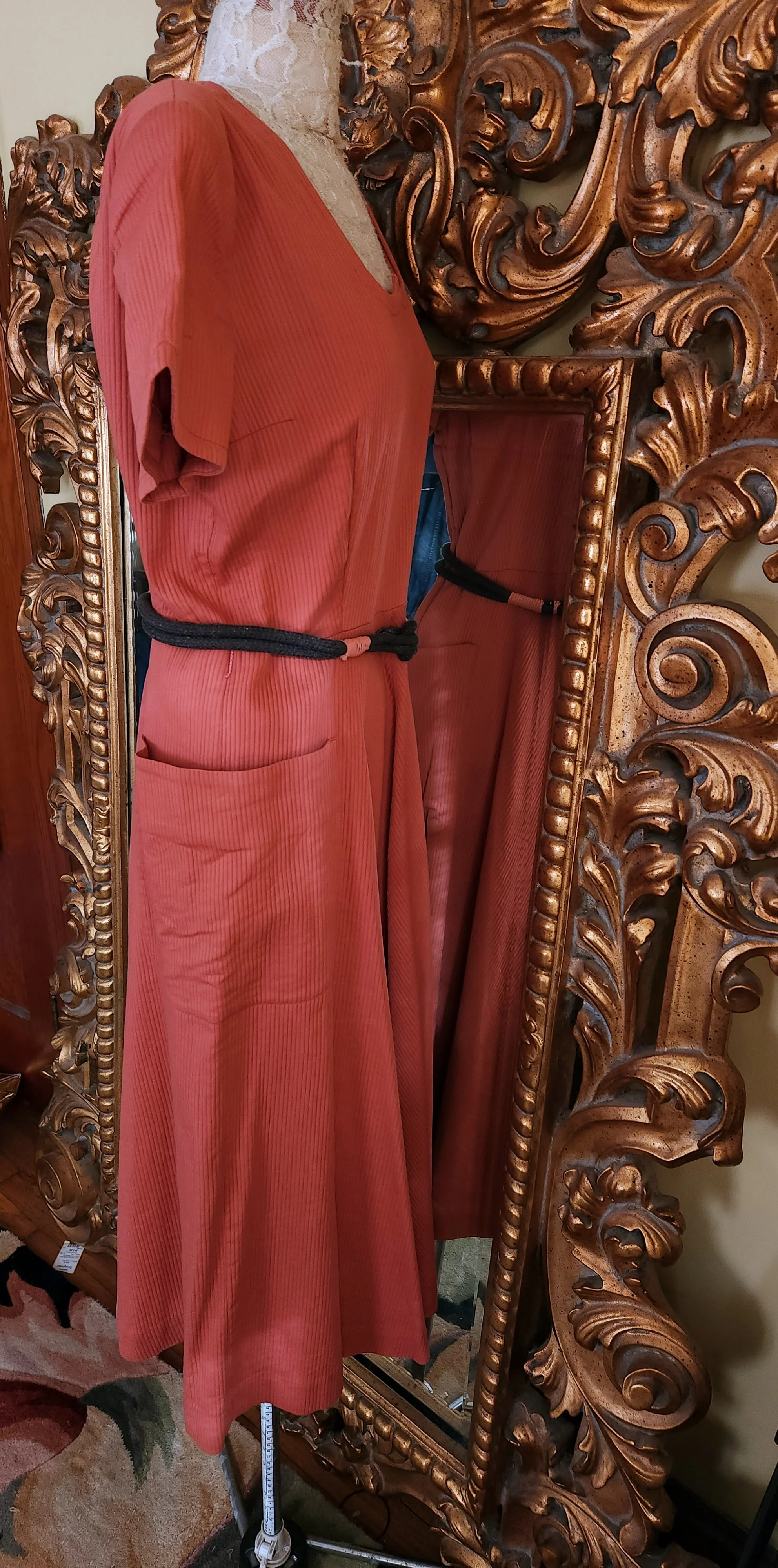 40s Burnt Coral Belted Day Dress Unique Neckline By Jennifer Petites - Image 3