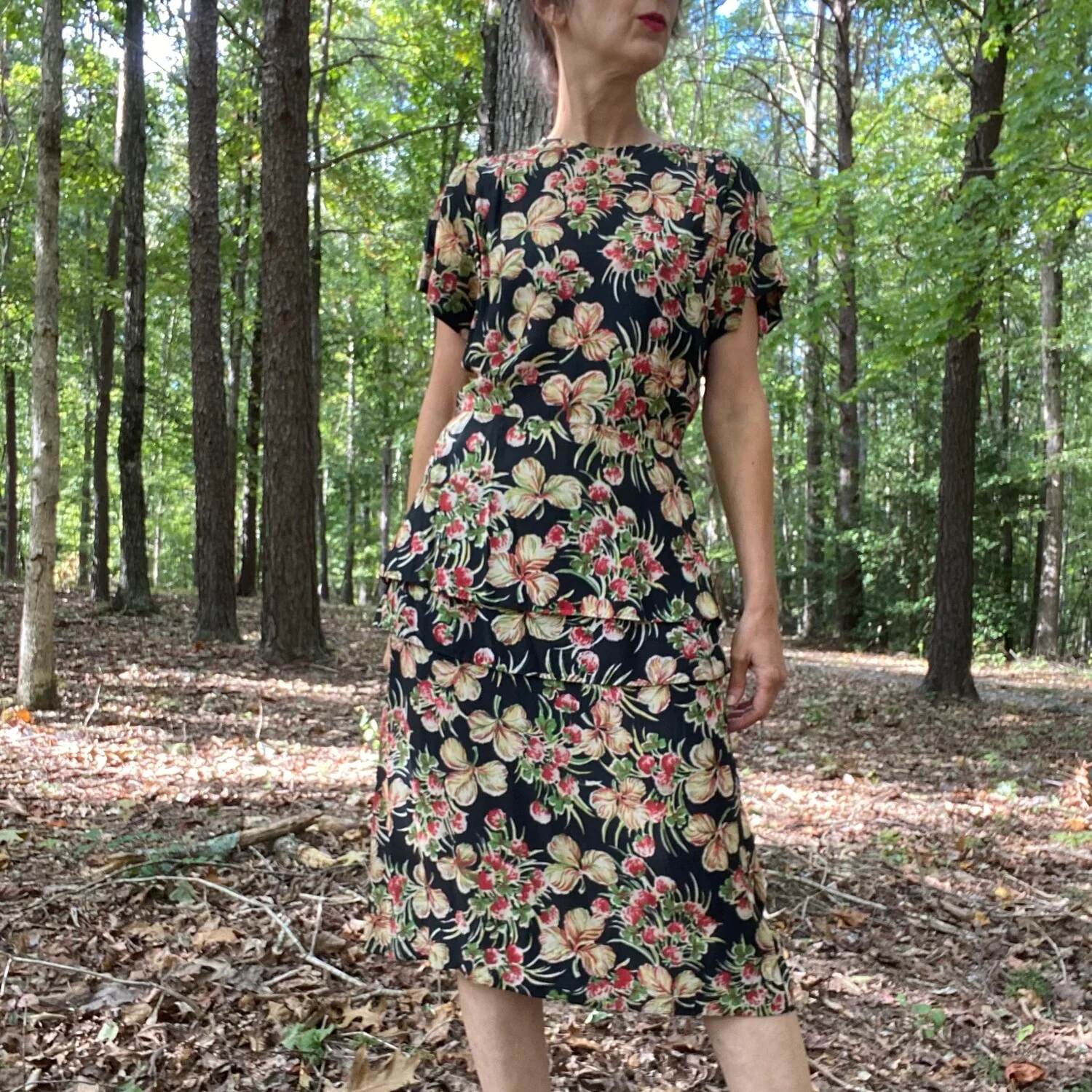 40s Cold Rayon Floral Peplum Dress - Image 3
