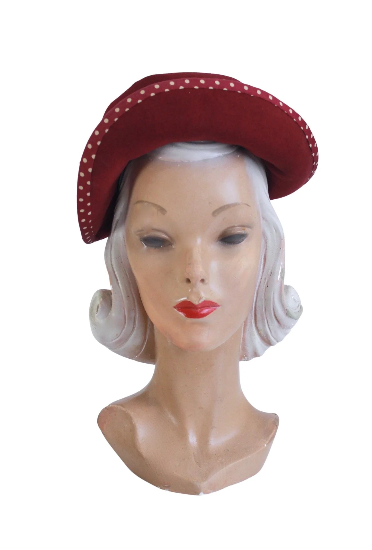 40s Cranberry Red Flip Brim Fedora with Polka Dot Trim and Blue Felt Feathers - Image 3