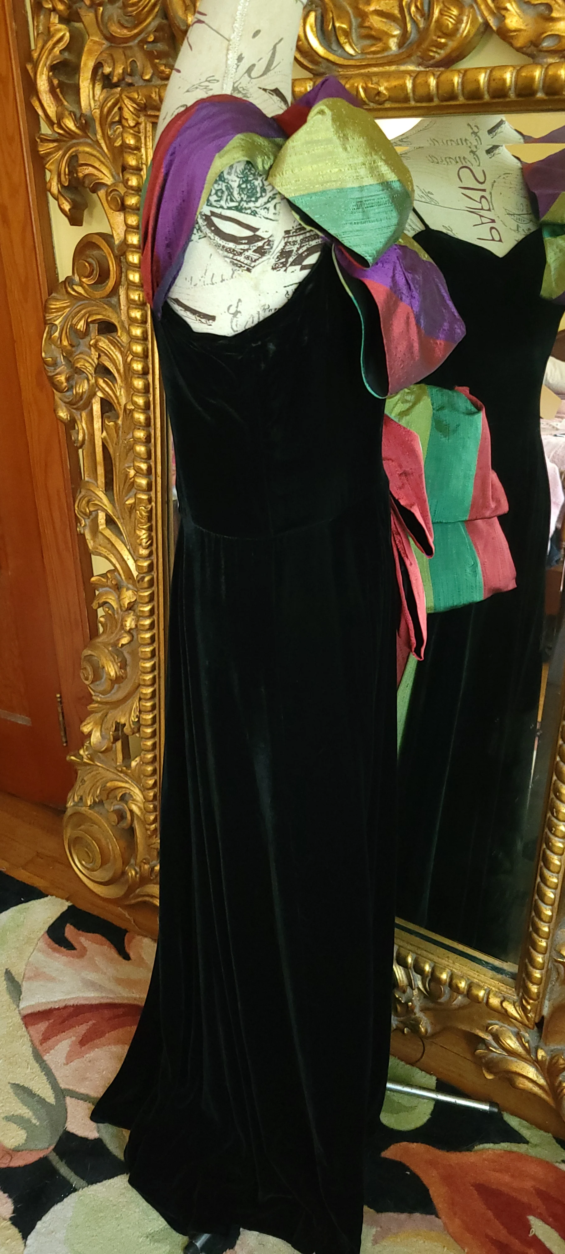 40s Dramatic Black Velvet With Striped Silk Accents By Emma Domb - Image 4