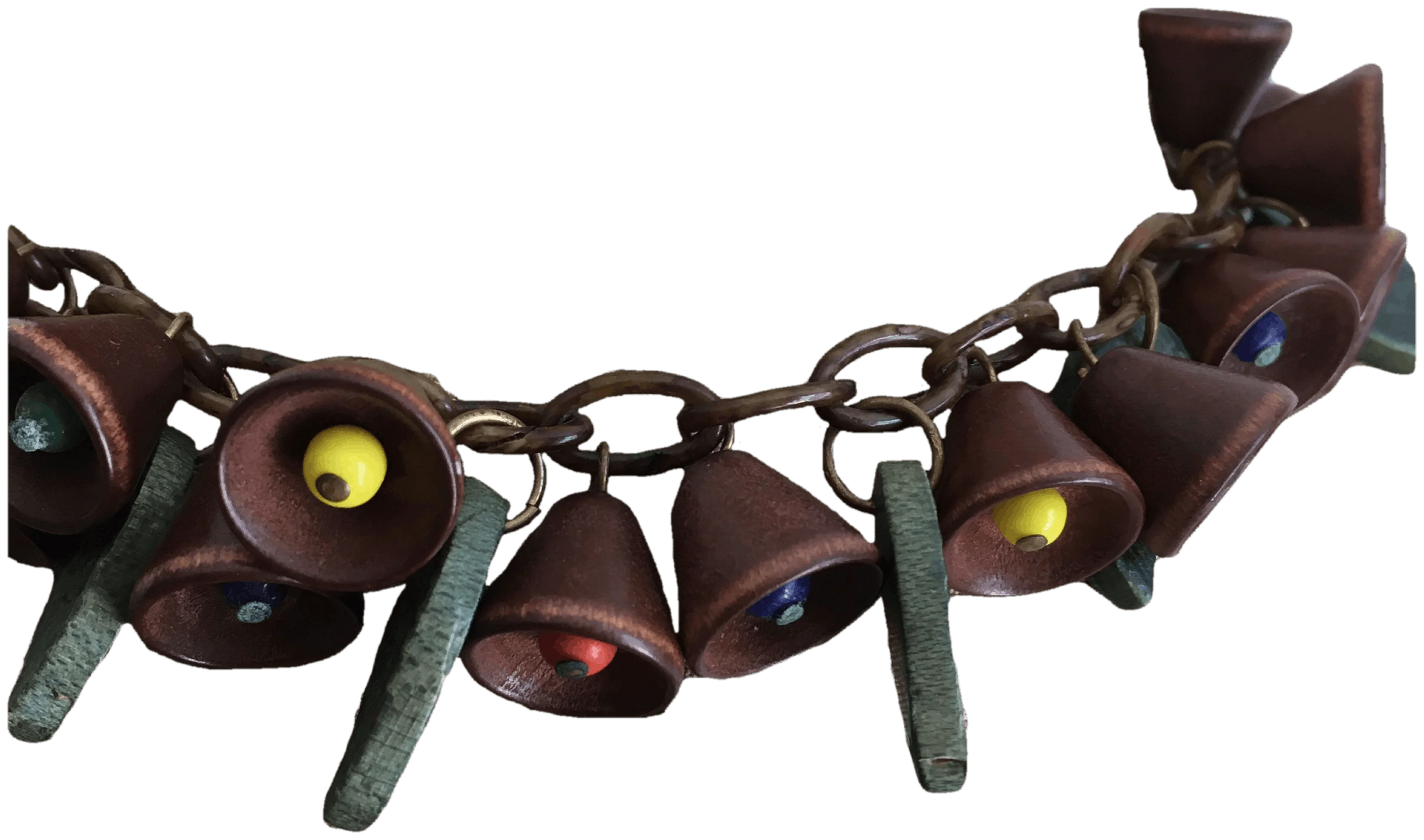 40's Wooden Bells and Leaves Celluloid Necklace by Frank Hess for Miriam Haskell