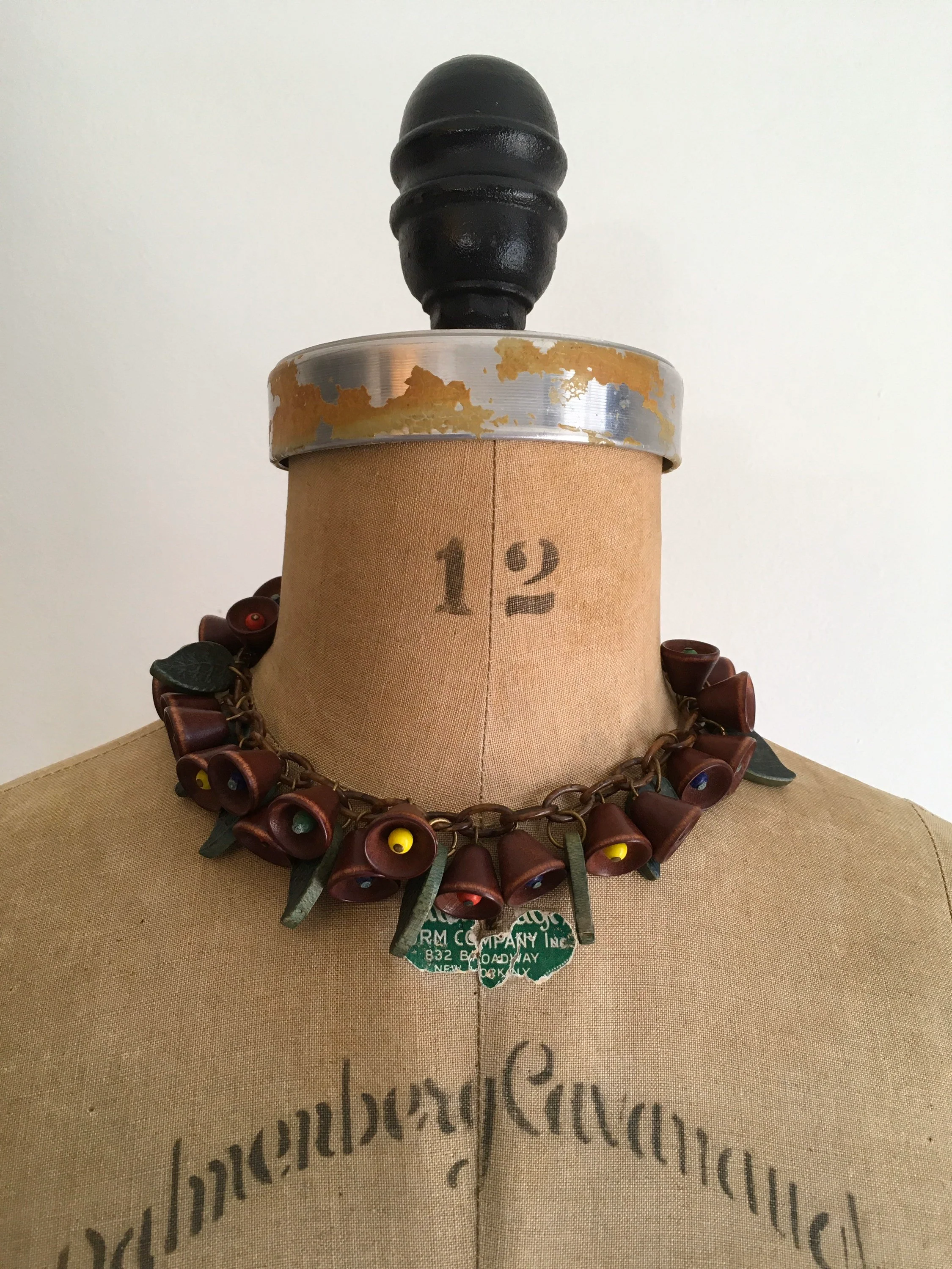 40's Wooden Bells and Leaves Celluloid Necklace by Frank Hess for Miriam Haskell - Image 2