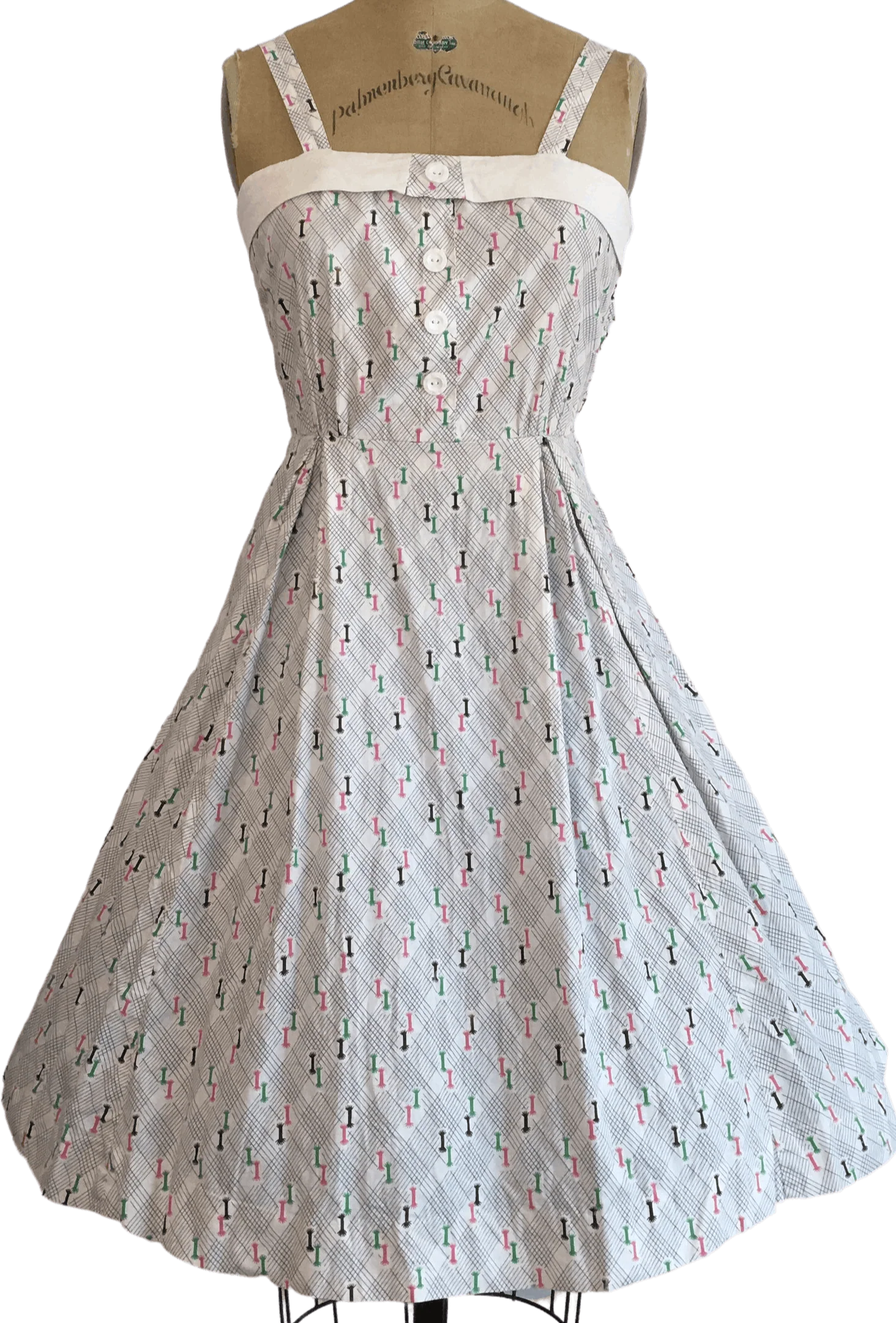 40's Gray and White Plaid Summer Sundress with Floral Print
