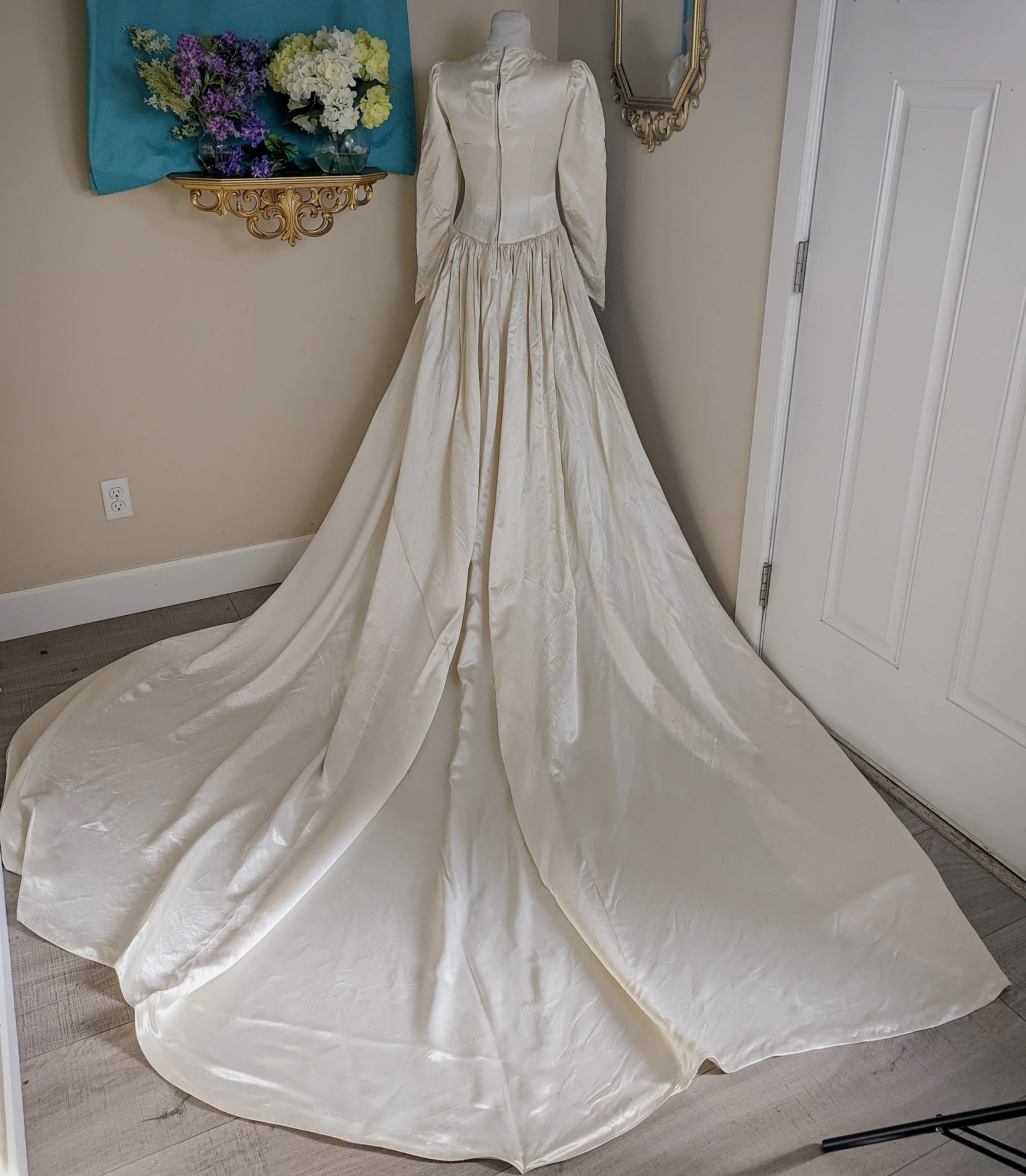 40s Hollywood Glamour Slipper Satin Wedding Dress In Soft White with Queen Anne Neckline Extra Long Train and Detailed Hand Beading - Image 2