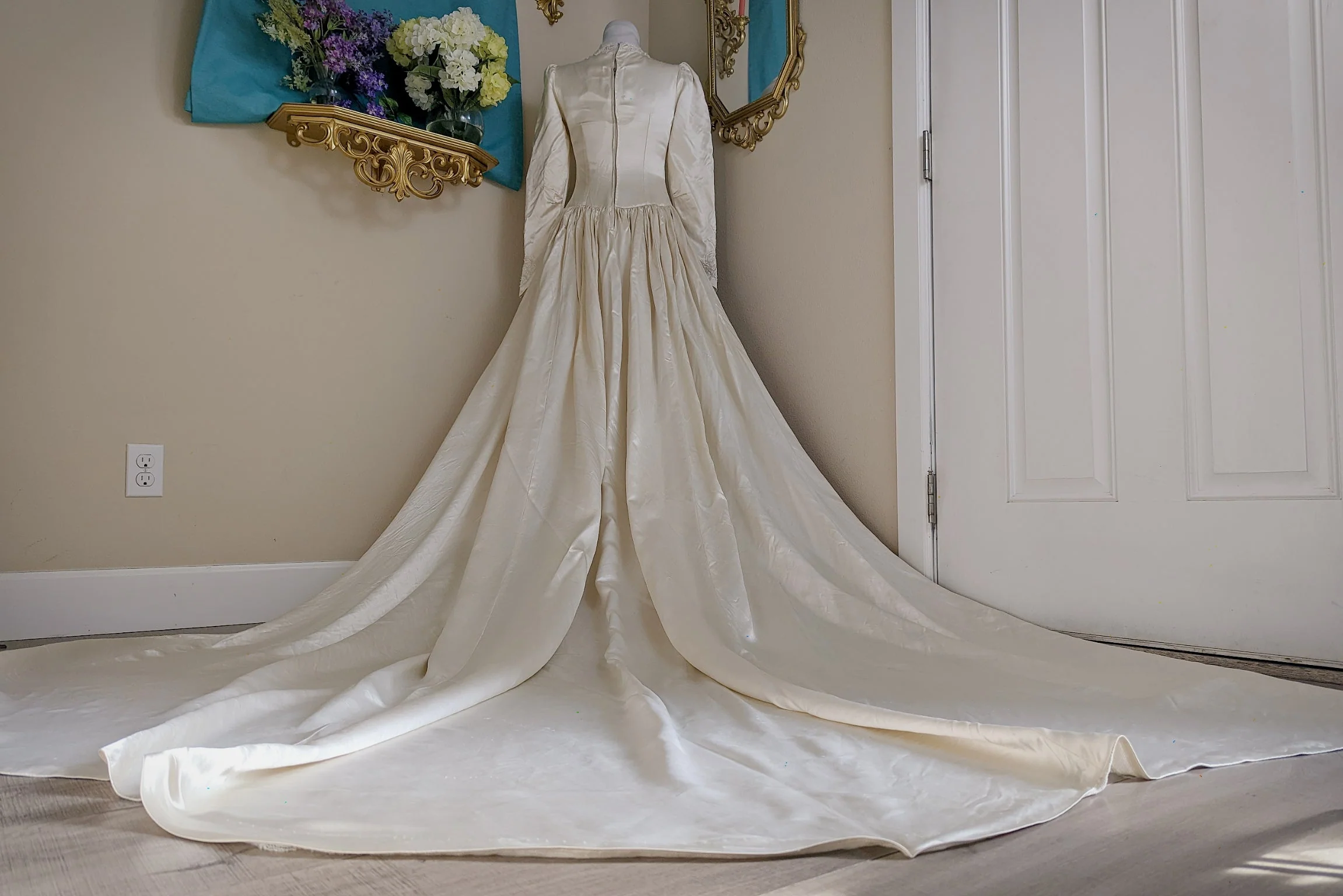 40s Hollywood Glamour Slipper Satin Wedding Dress In Soft White with Queen Anne Neckline Extra Long Train and Detailed Hand Beading - Image 6