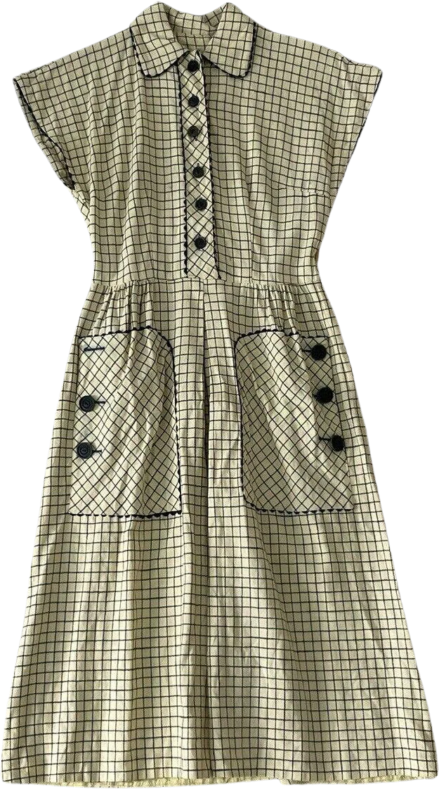 40s Ivory/black Cotton Checker Print Peter Pan Collar Day Dress Pockets Ricrac