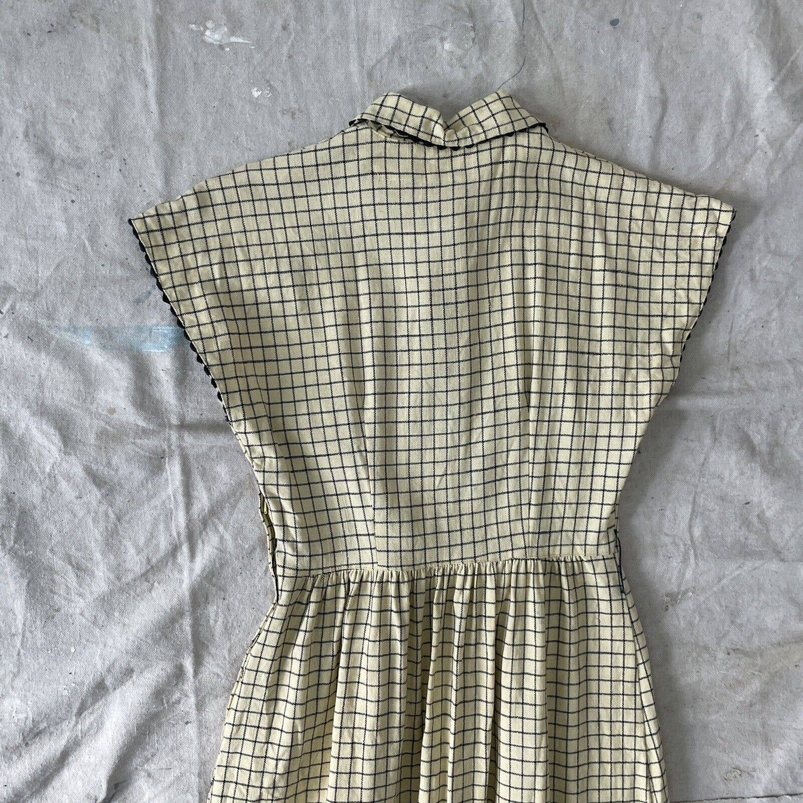 40s Ivory/black Cotton Checker Print Peter Pan Collar Day Dress Pockets Ricrac - Image 8