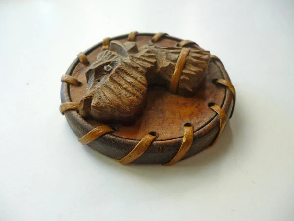 40s Large Wood and Leather Dog Brooch Scottie Dog Terrier Carved Primitive - Image 2