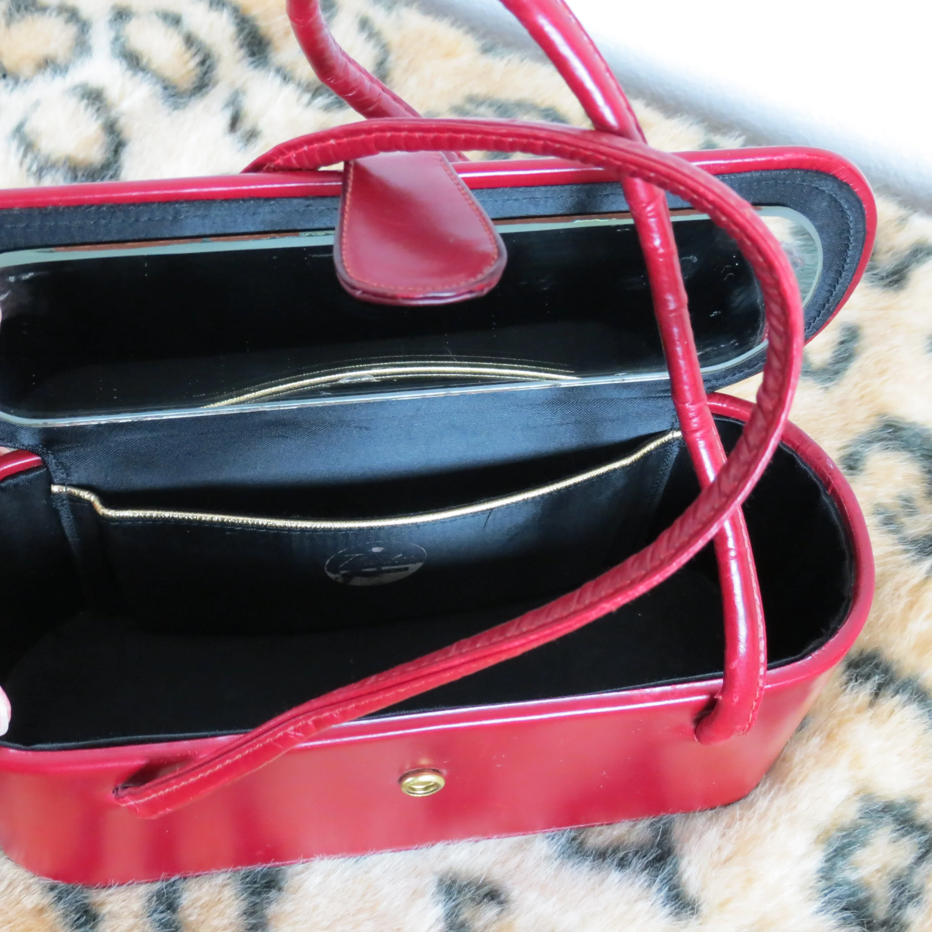 40s Leather Box Purse Handbag Red Top Handle By Theodore of California - Image 3