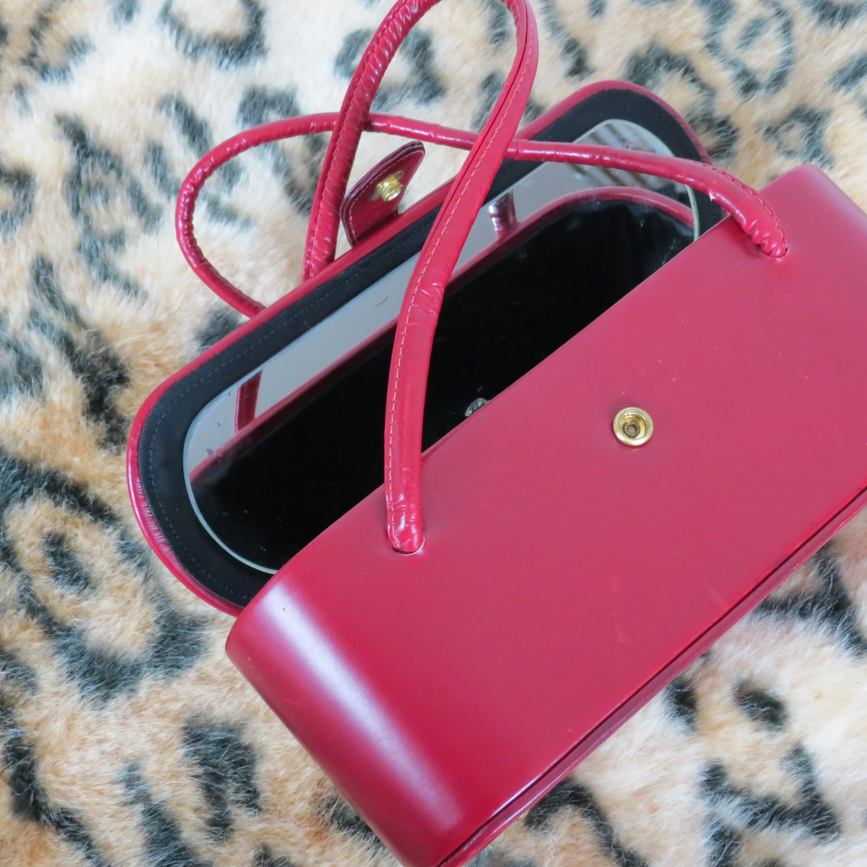 40s Leather Box Purse Handbag Red Top Handle By Theodore of California - Image 4