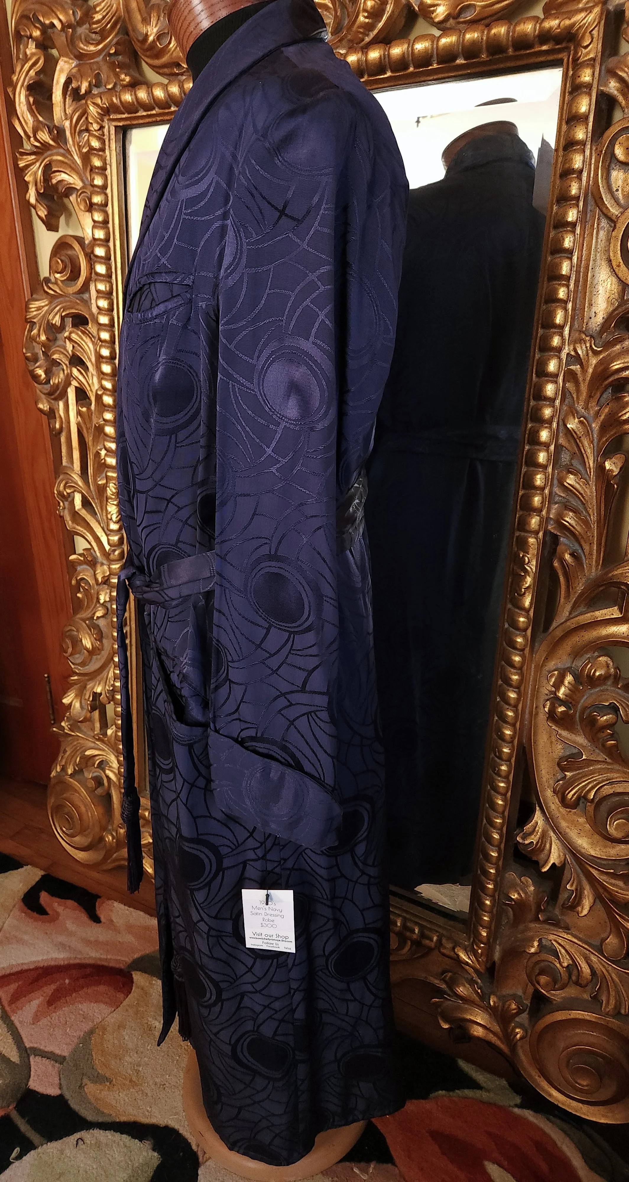 40s Mens Navy Blue Satin Dressing Robe Tassle Belt - Image 5