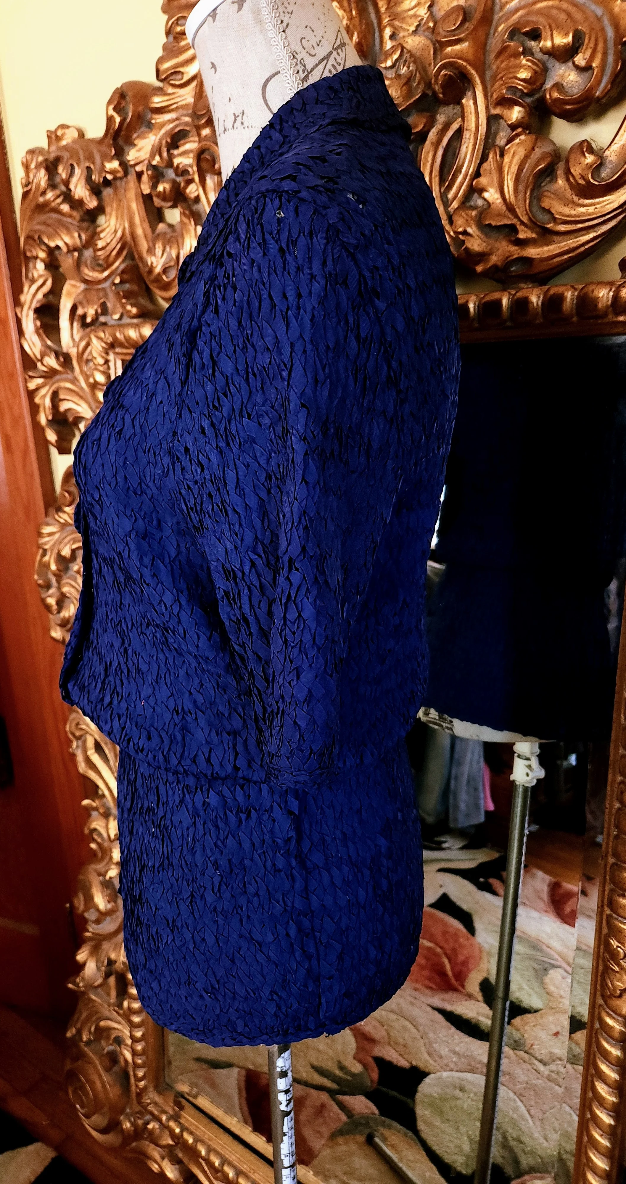 40s Navy Blue Rayon Ribbonette Collared Peplum Blouse By Scotch Wool House Evanston - Image 3