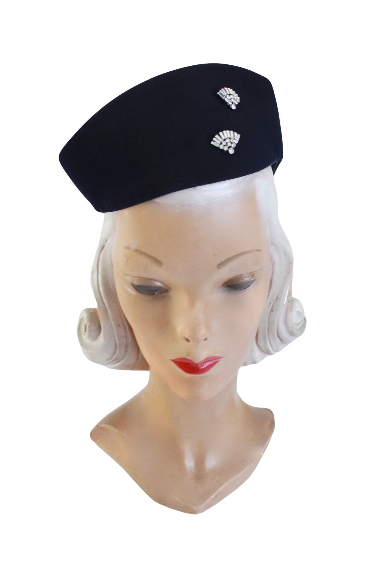 40s Navy Blue Tricorn Tilt Hat with Rhinestone Fan Detail - Image 2