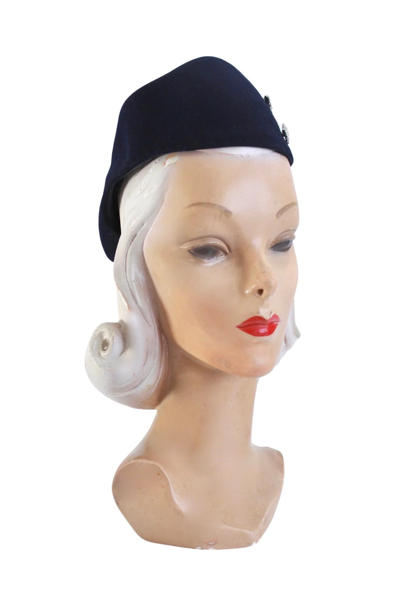 40s Navy Blue Tricorn Tilt Hat with Rhinestone Fan Detail - Image 3