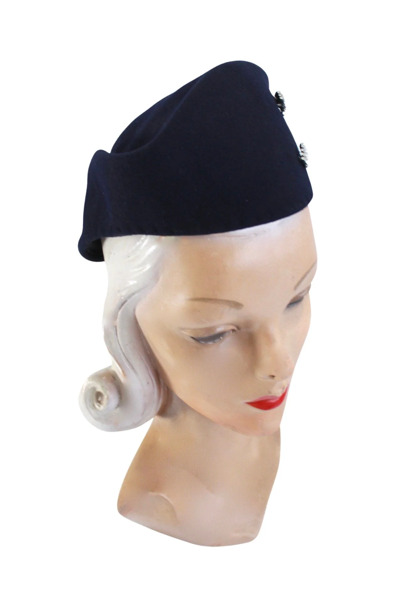 40s Navy Blue Tricorn Tilt Hat with Rhinestone Fan Detail - Image 4