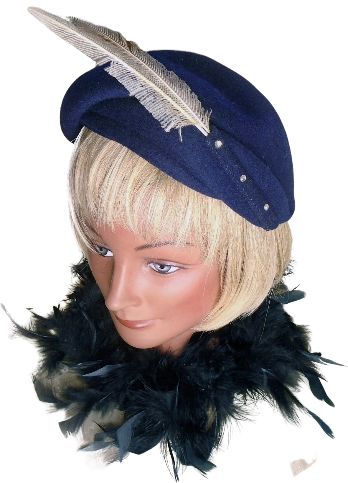 40s Navy Calot Hat, Feathers Rhinestones Old Hollywood By Glenover Henry Pollak