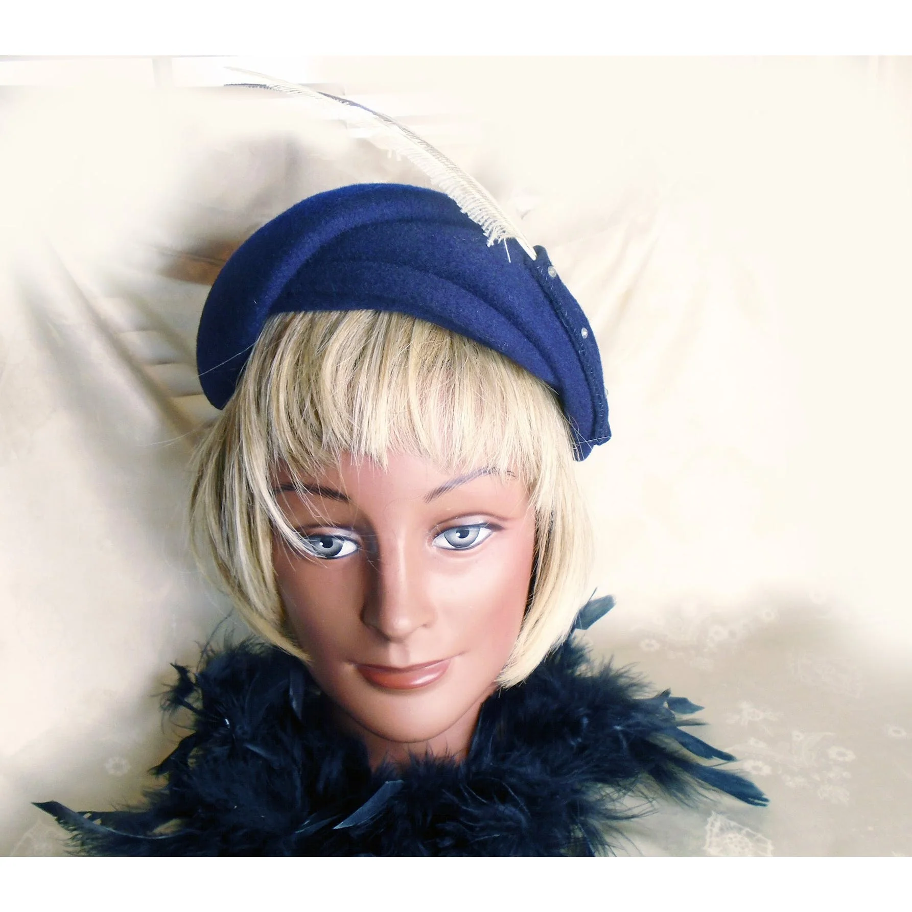 40s Navy Calot Hat, Feathers Rhinestones Old Hollywood By Glenover Henry Pollak - Image 3