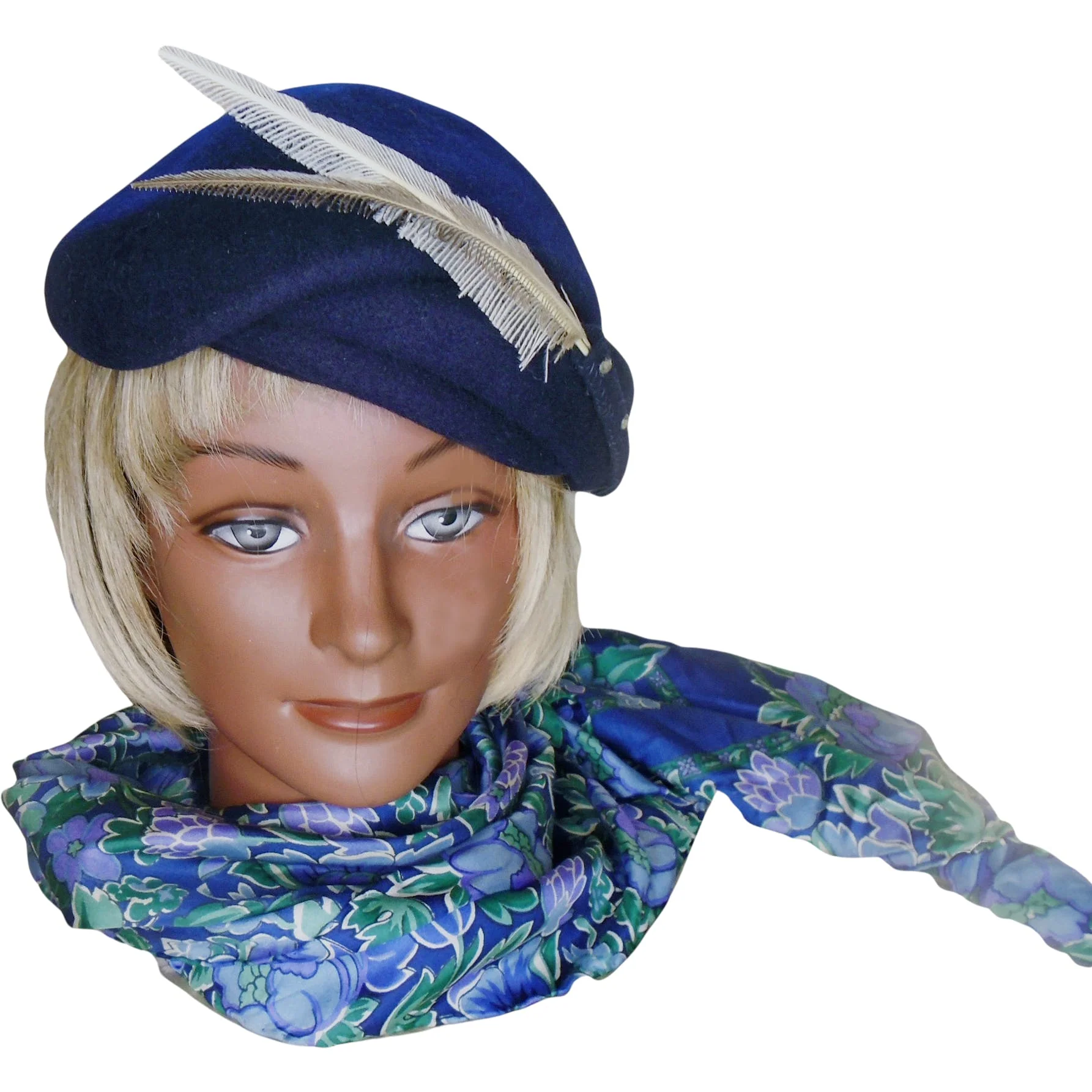 40s Navy Calot Hat, Feathers Rhinestones Old Hollywood By Glenover Henry Pollak - Image 5