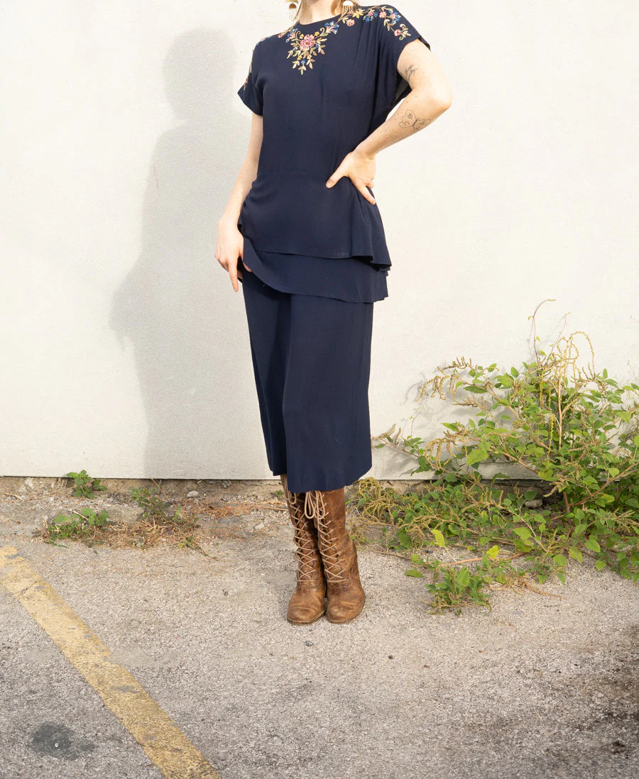 40s Navy Peplum Dress - Image 2
