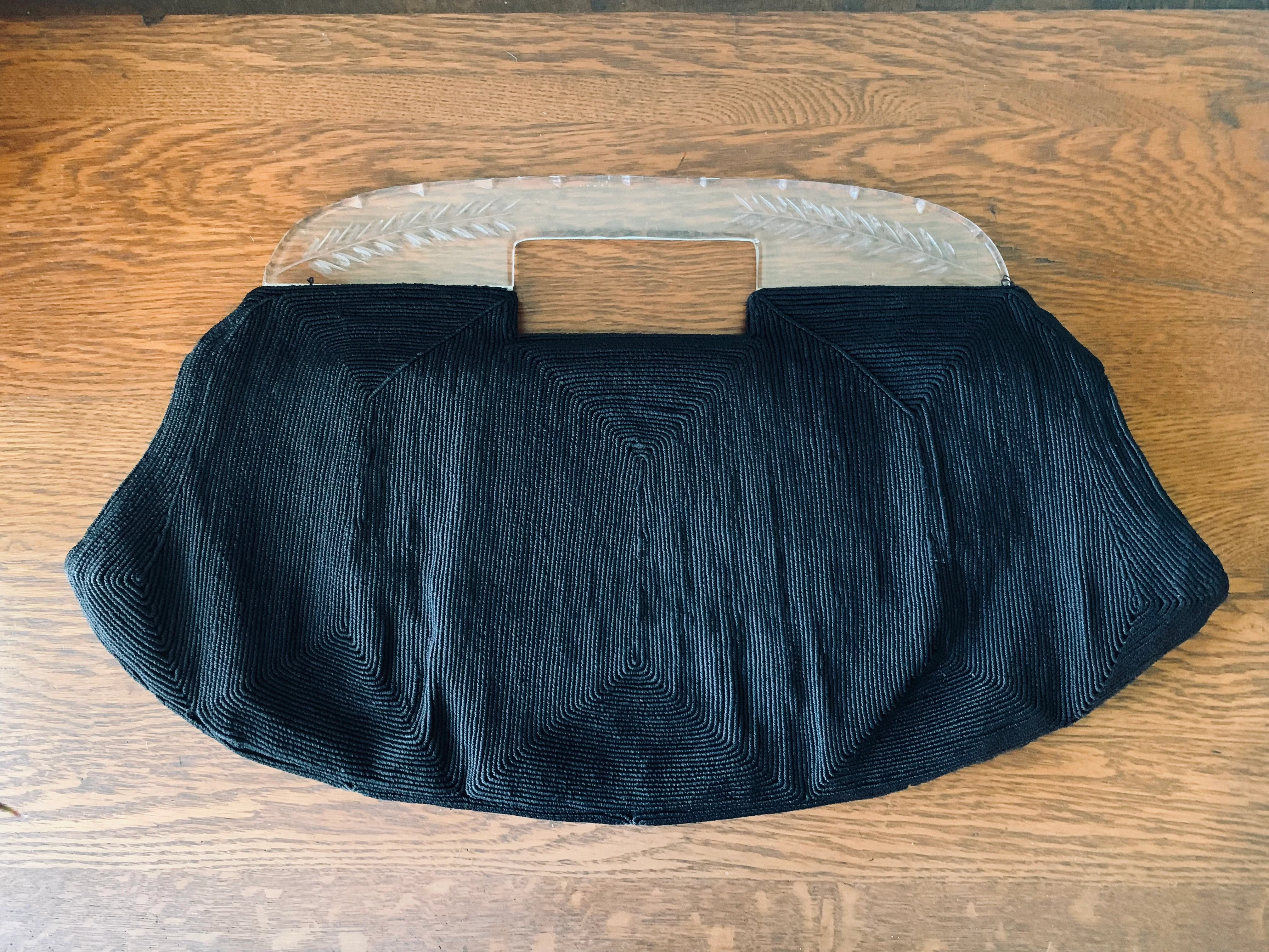 40s Oversize Black Corde Clutch Etched Lucite Handle By Posner Genuine Corde - Image 2
