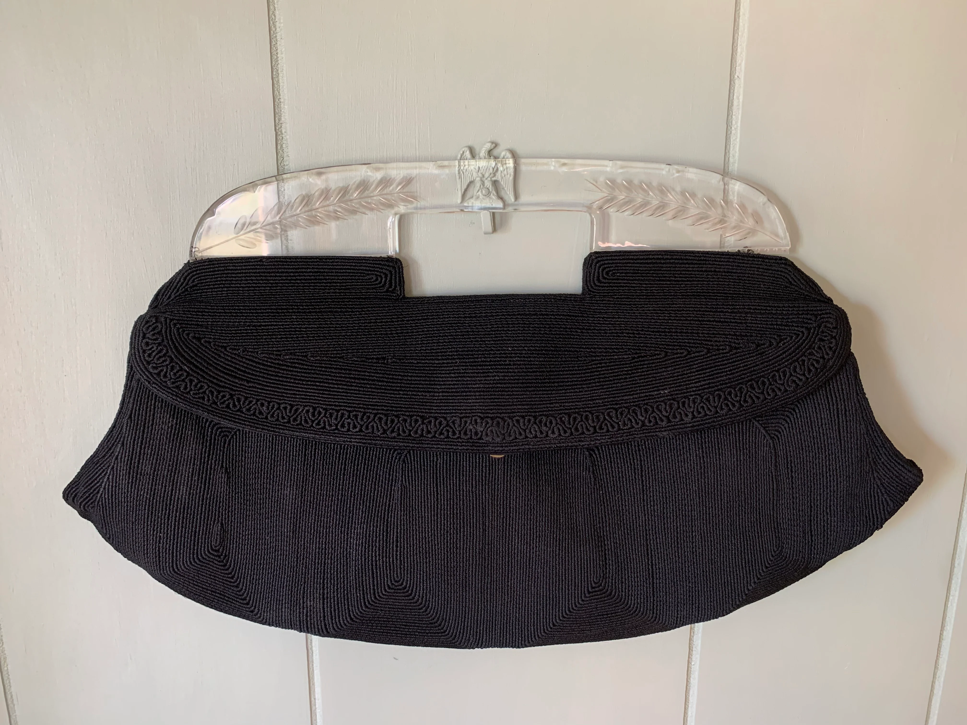 40s Oversize Black Corde Clutch Etched Lucite Handle By Posner Genuine Corde - Image 3