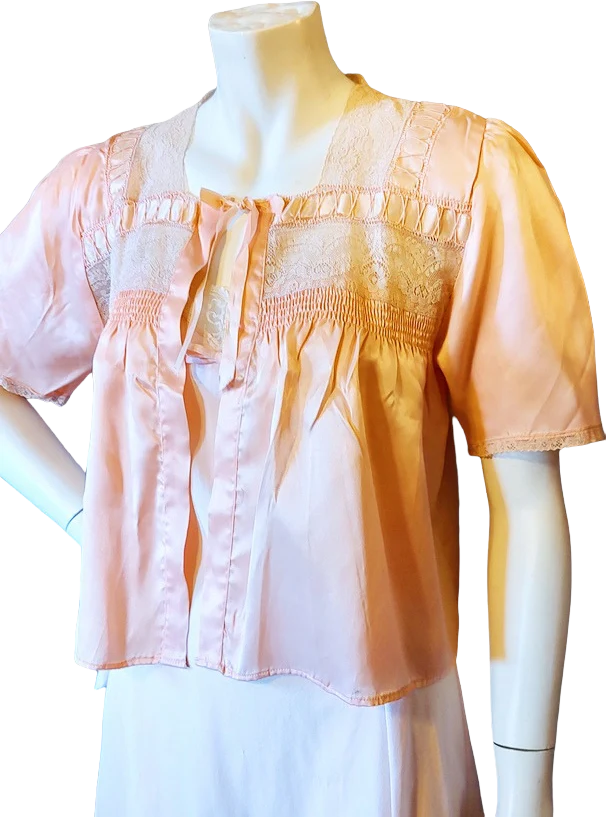40s Peach Rayon Bed Jacket With Ribbons Lace Unworn