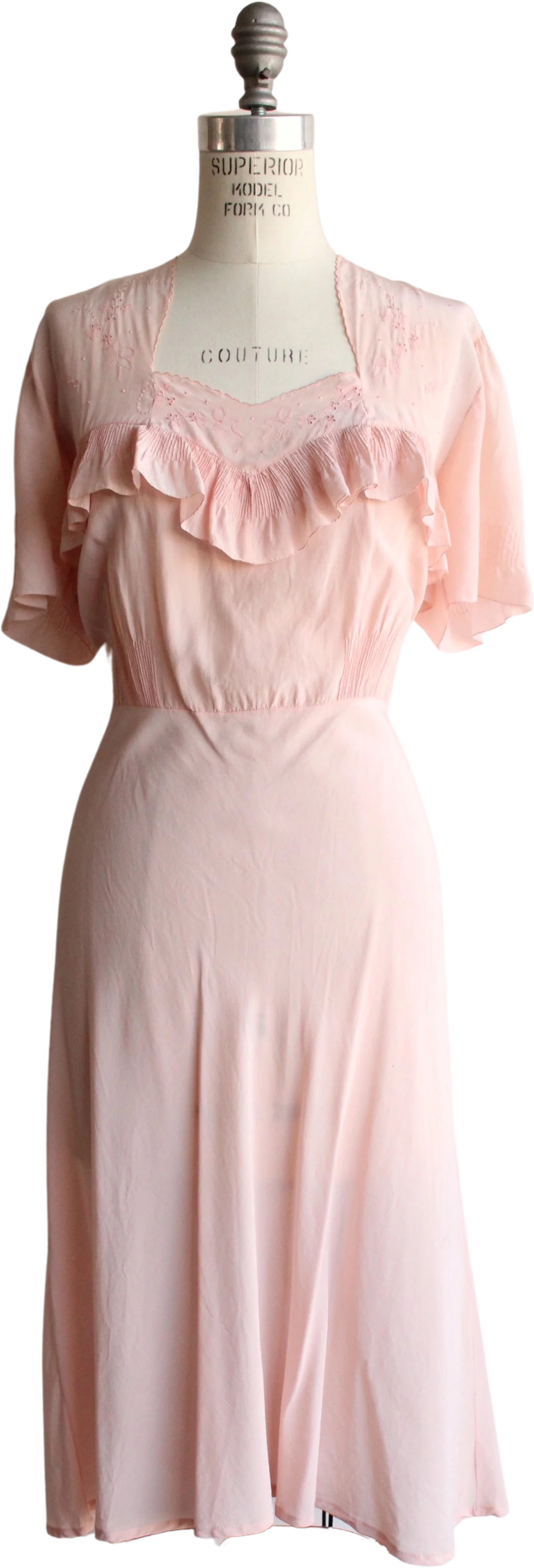40s Pink Silk Dress With Embroidery And Ruffles