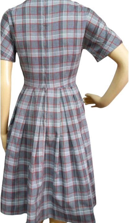 40s Pleeated Plaid Red White Pinstripes And Gray Dress - Image 2