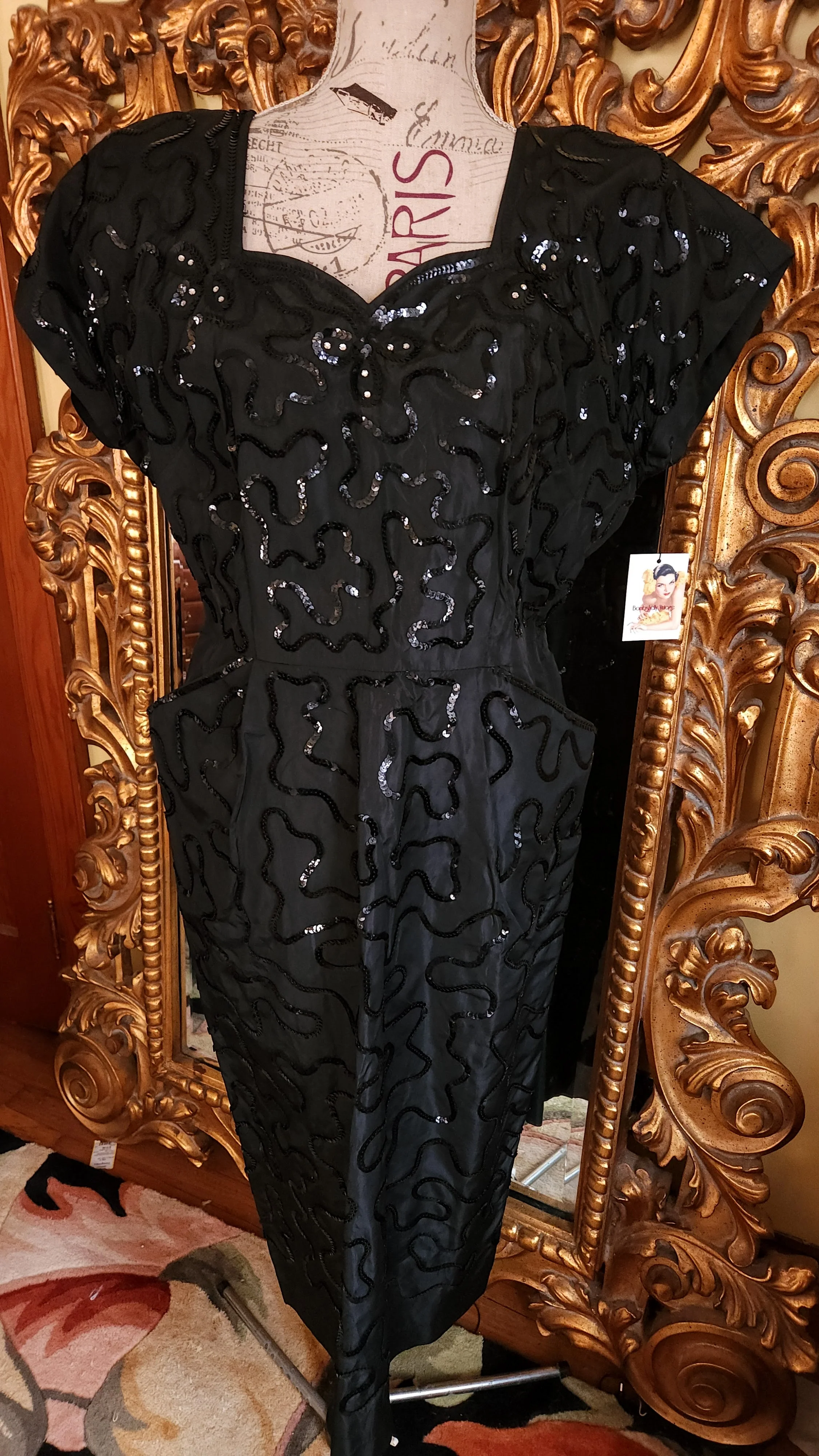40s Plus Size Black Sequin Taffeta Dress - Image 3