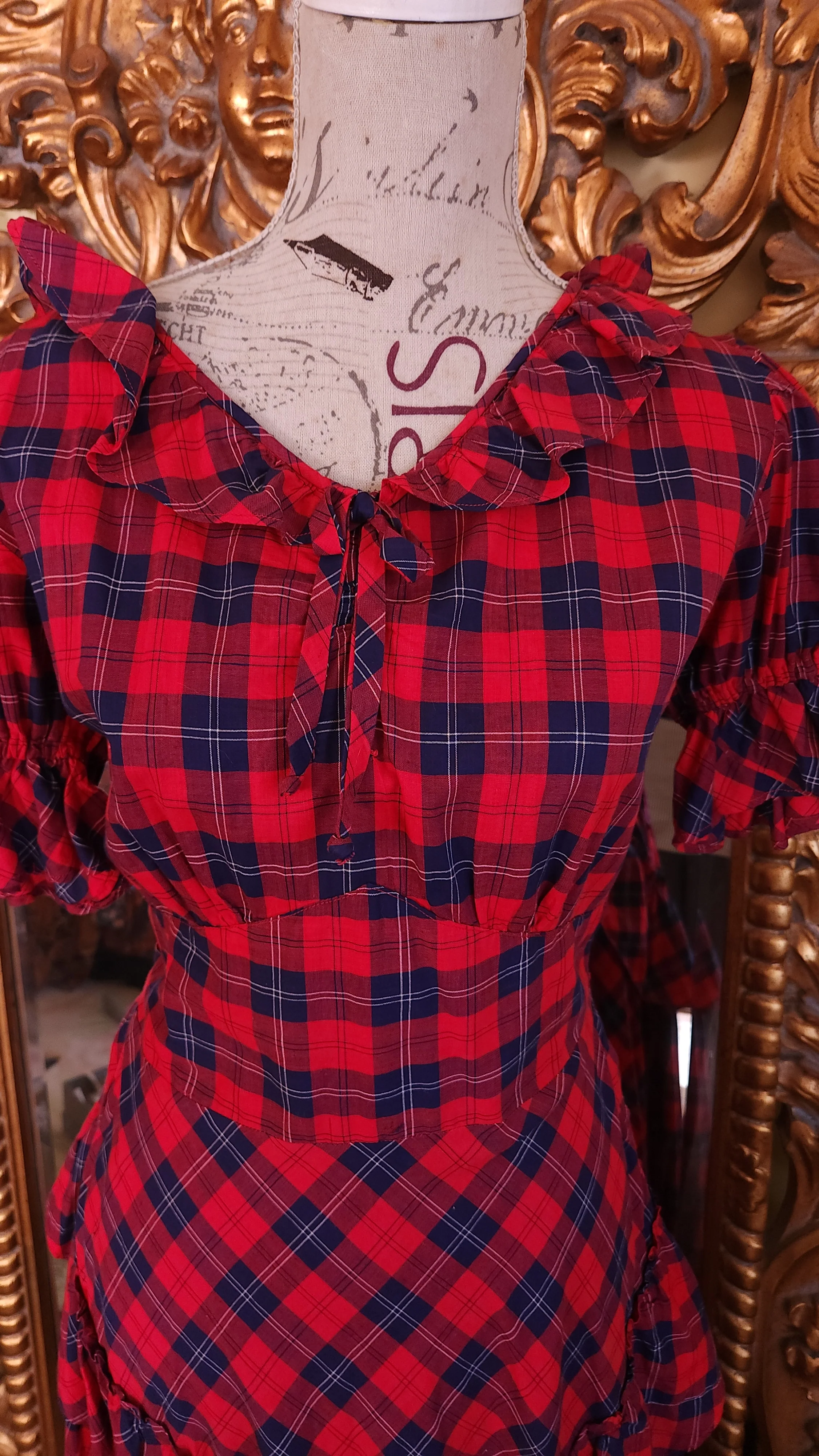40s Red And Blue Plaid Long Peasant Dress - Image 5
