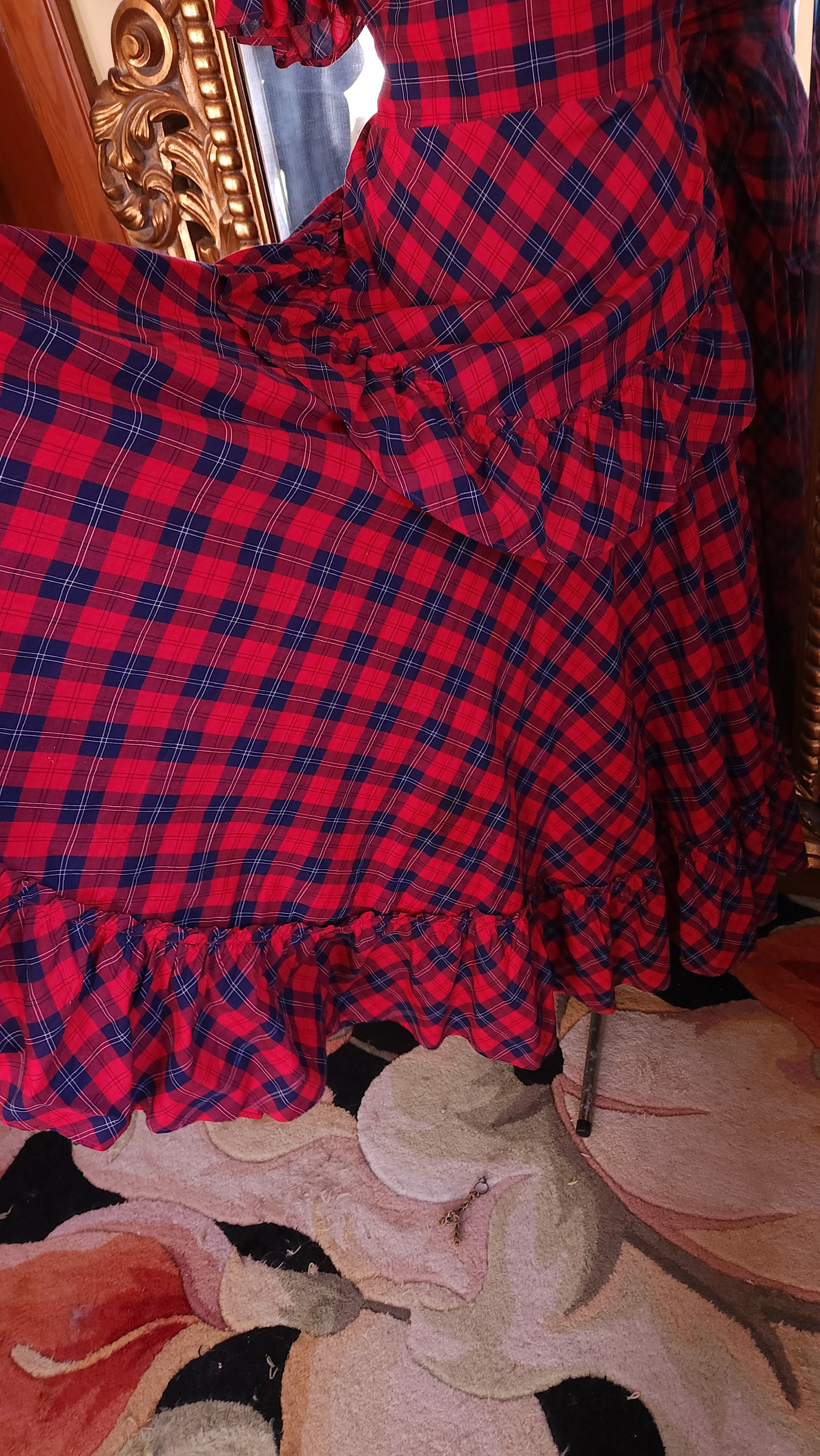 40s Red And Blue Plaid Long Peasant Dress - Image 8