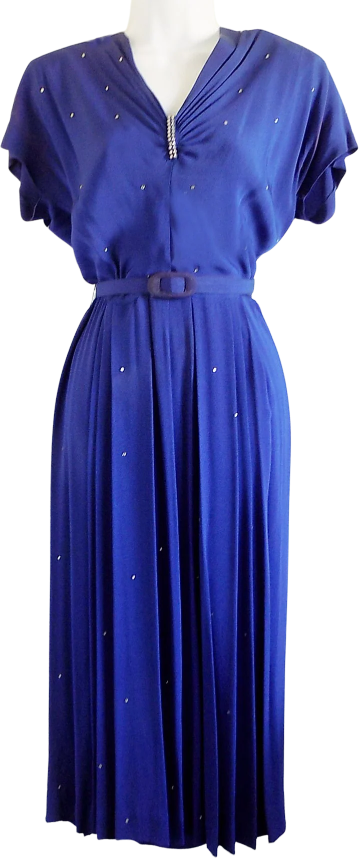 40s Rhinestone Studded Midnight Blue Rayon Gown with Batwing Sleeves by Dubarry of New York Dress of Charm by Dubarry Of New York