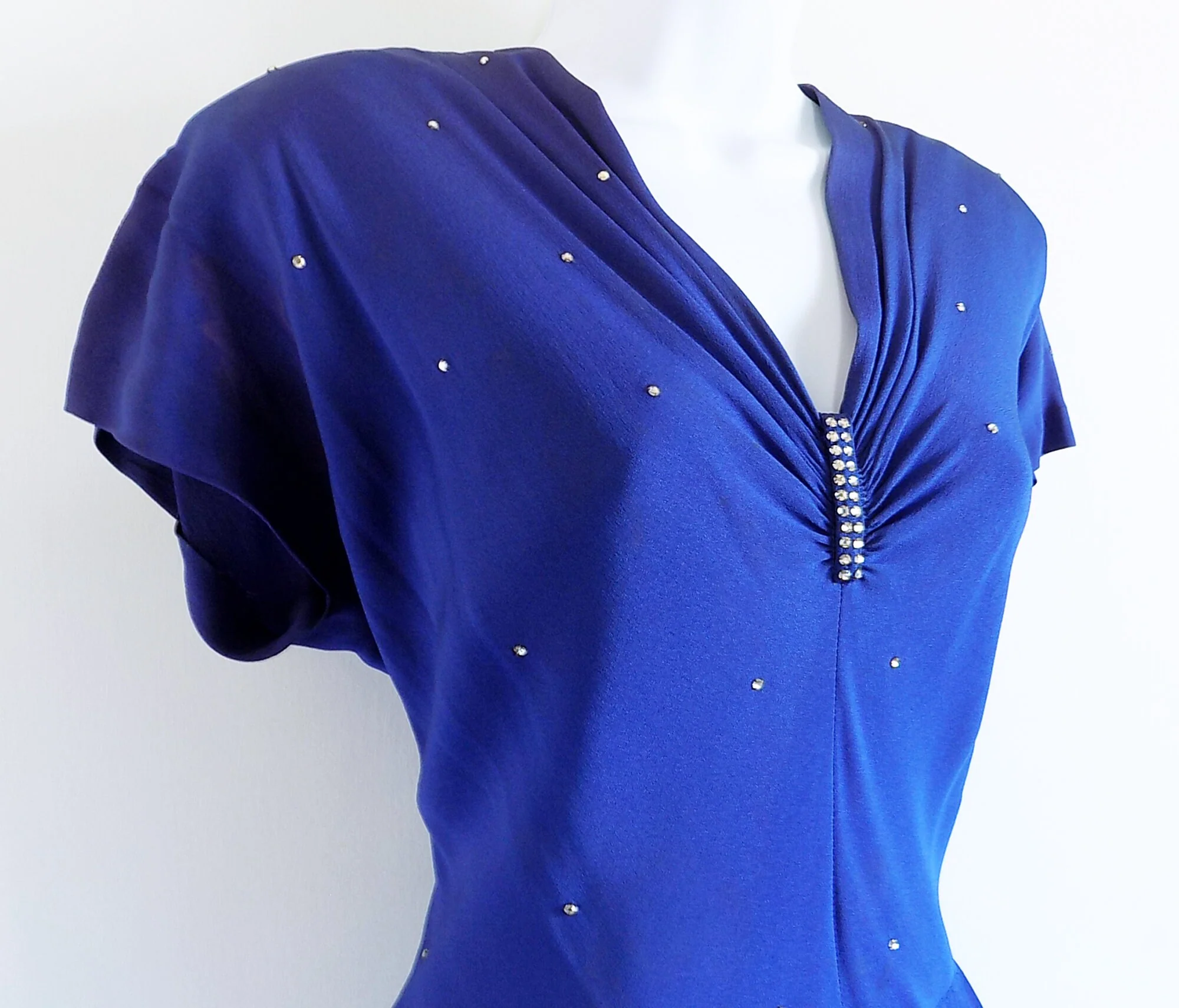 40s Rhinestone Studded Midnight Blue Rayon Gown with Batwing Sleeves by Dubarry of New York Dress of Charm by Dubarry Of New York - Image 2