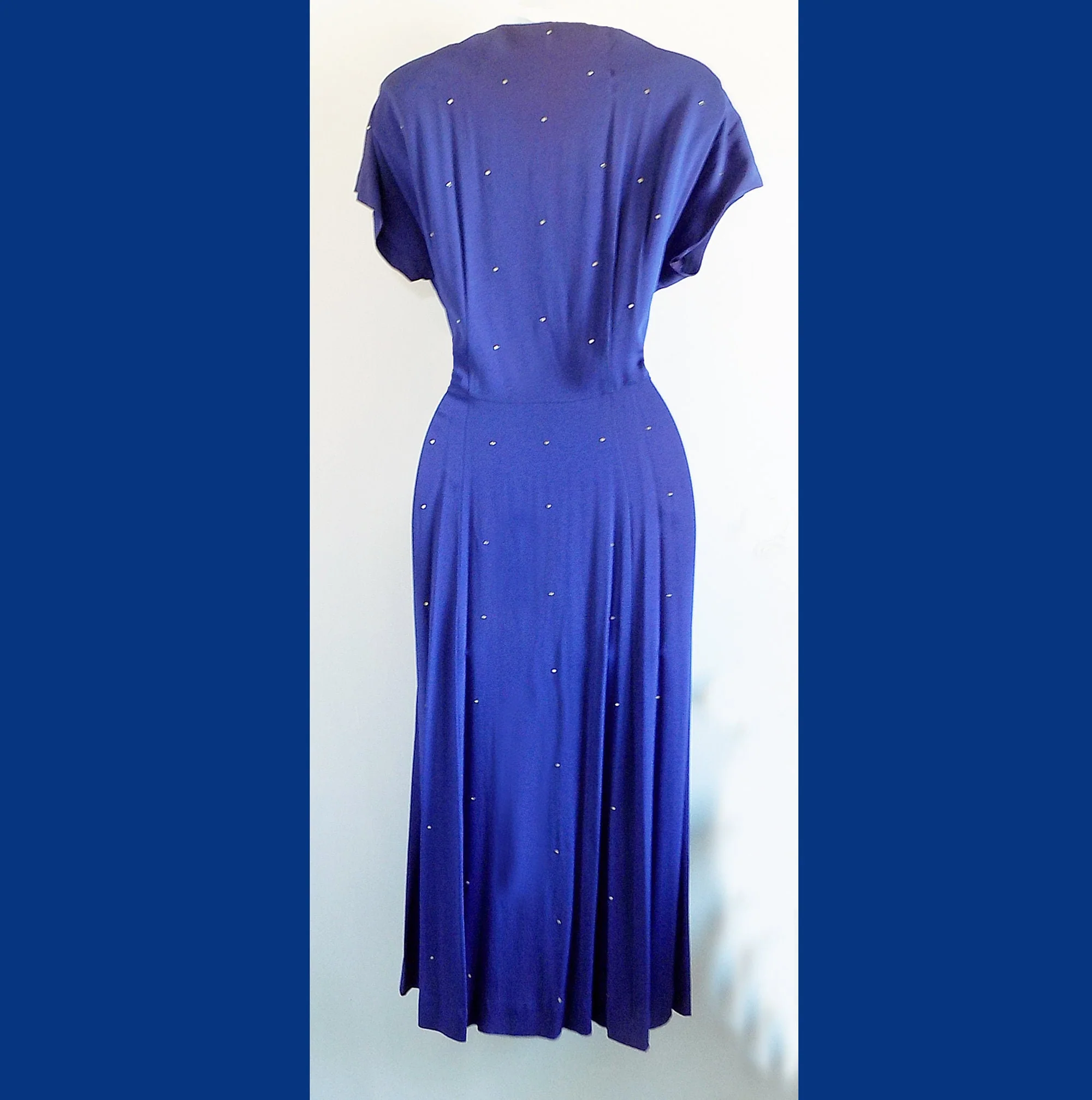40s Rhinestone Studded Midnight Blue Rayon Gown with Batwing Sleeves by Dubarry of New York Dress of Charm by Dubarry Of New York - Image 3