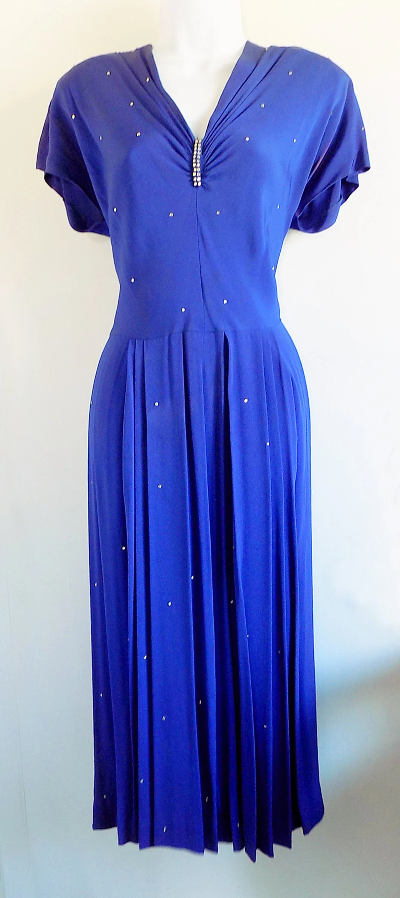 40s Rhinestone Studded Midnight Blue Rayon Gown with Batwing Sleeves by Dubarry of New York Dress of Charm by Dubarry Of New York - Image 4