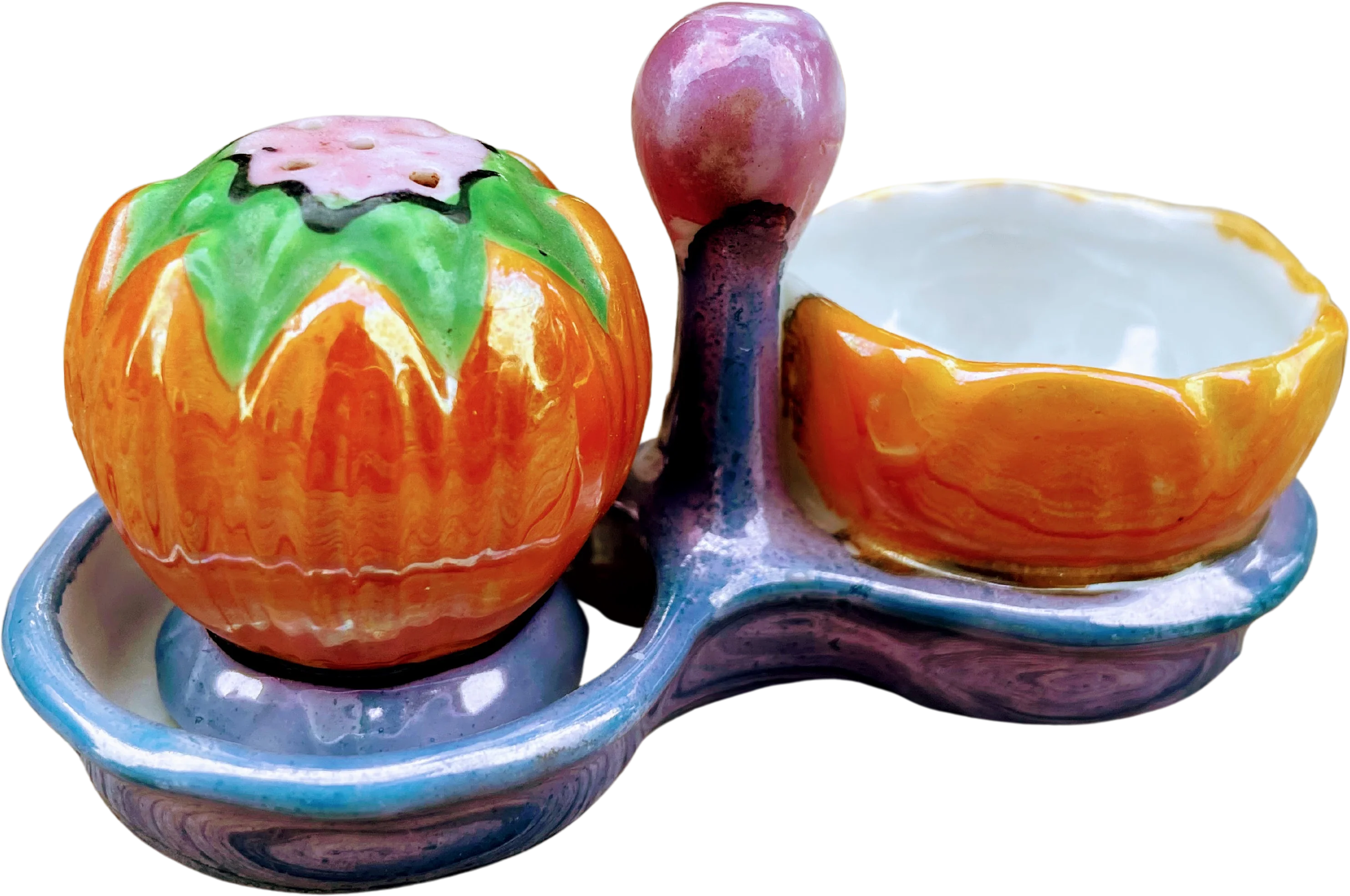 40s Salt Cellar Pepper Shaker Tray Pumpkin Lusterware - Image 2