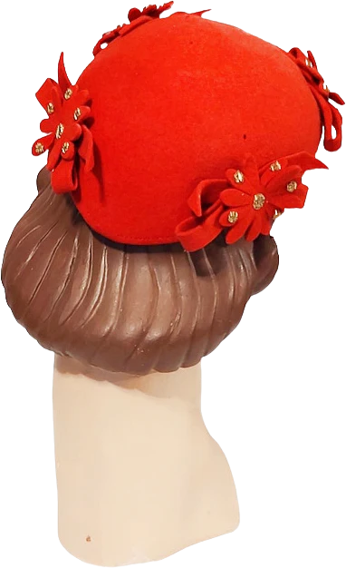40s Sm Red Felt Studded Flower Trim Calot Beanie Hat - Image 2