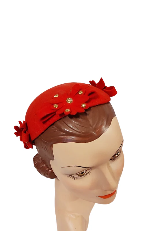 40s Sm Red Felt Studded Flower Trim Calot Beanie Hat - Image 3