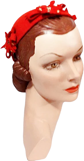 40s Sm Red Felt Studded Flower Trim Calot Beanie Hat - Image 4